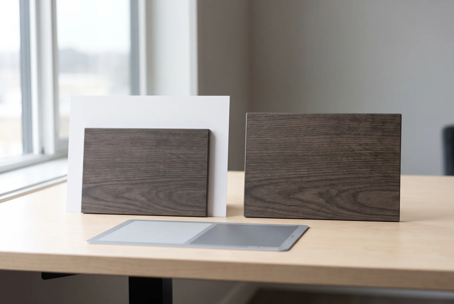 A real smoked elm laminate sample and its rendered copy side by side on a desk under the same window light, matching in grain, color and sheen.