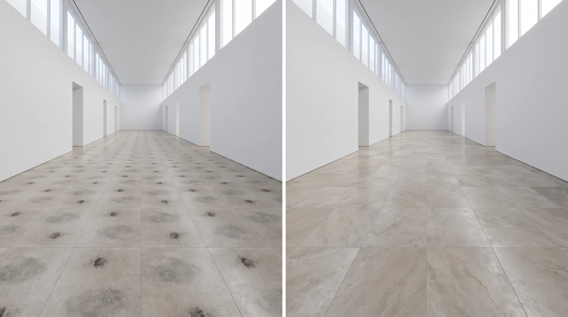 The same long gallery floor twice: on the left the stone tile texture repeats in an obvious grid, on the right every tile varies and no pattern shows.