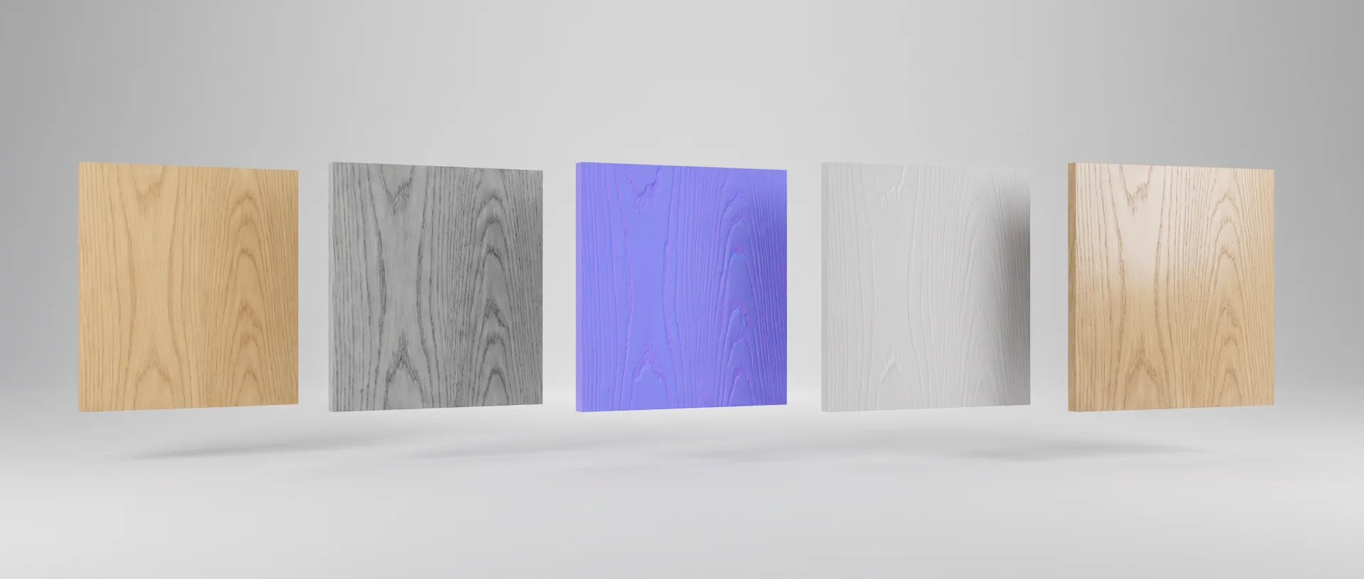 Five squares of white oak in a row: the flat color map, a gray roughness map, a purple normal map, a gray height map and, at the end, the finished glossy oak sample.