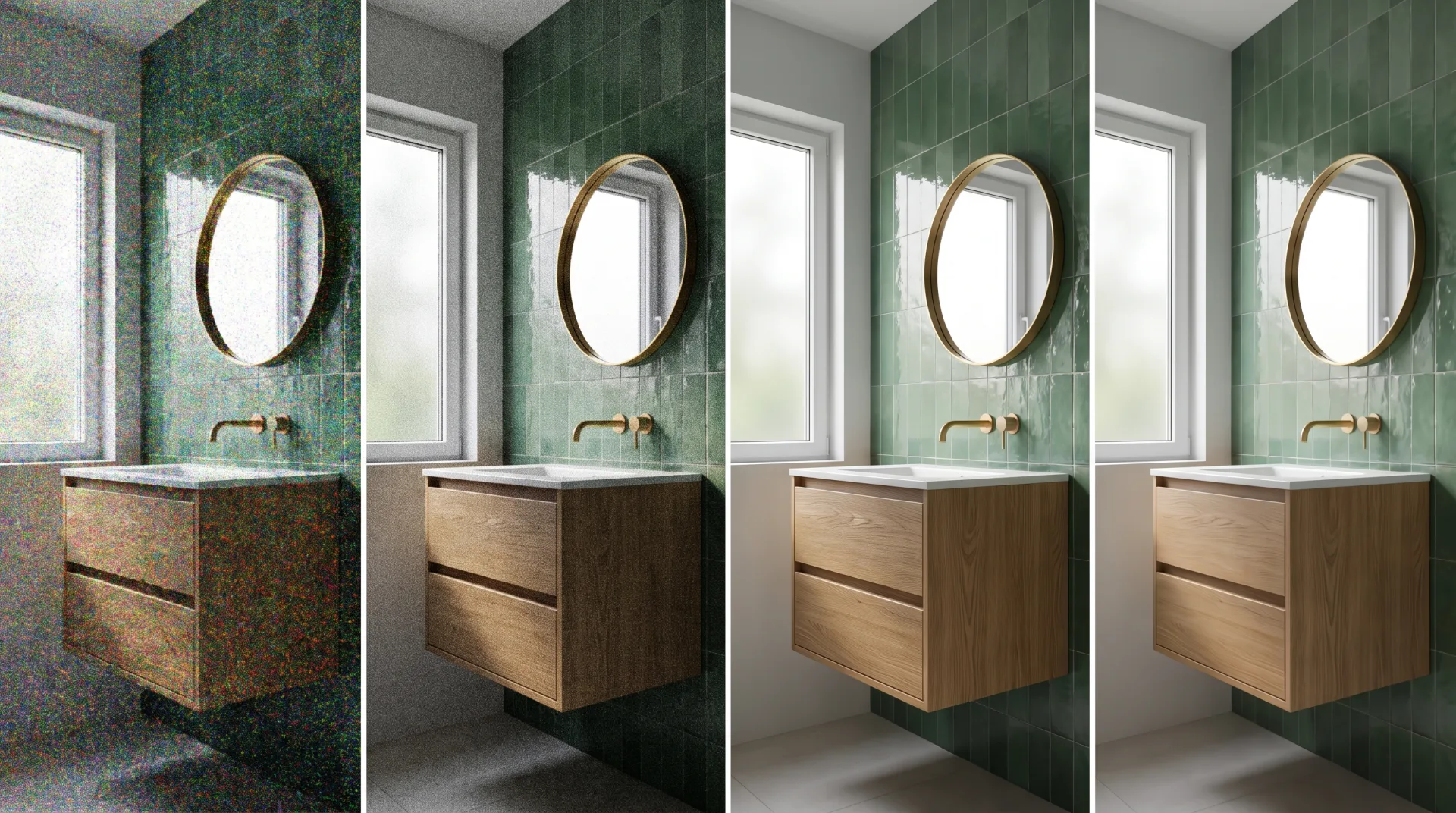 The same bathroom in four strips, from heavy grain at very few samples to a clean render at many samples, and a final denoised version.