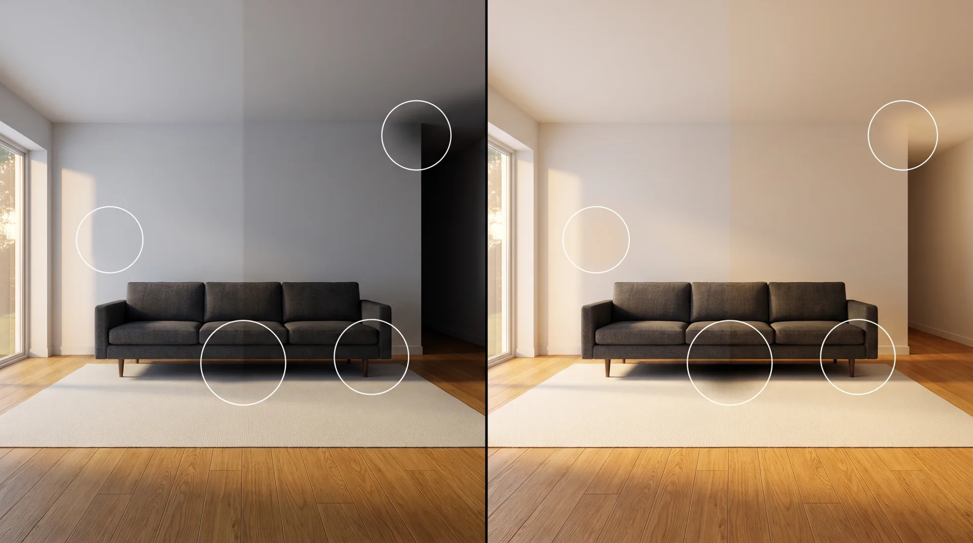 A living room split in two: the left half is cooler and flatter with a dark ceiling corner; the right, path-traced half shows a warm tint on the wall from the oak floor, a crisp shadow under the sofa and an evenly lit corner, each spot circled.