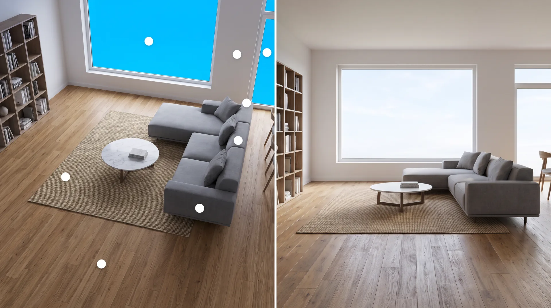 The same living room twice: on the left a fake-looking render shot from too high with sharp edges, a repeating floor, floating furniture and a vivid sky; on the right a natural photoreal version.