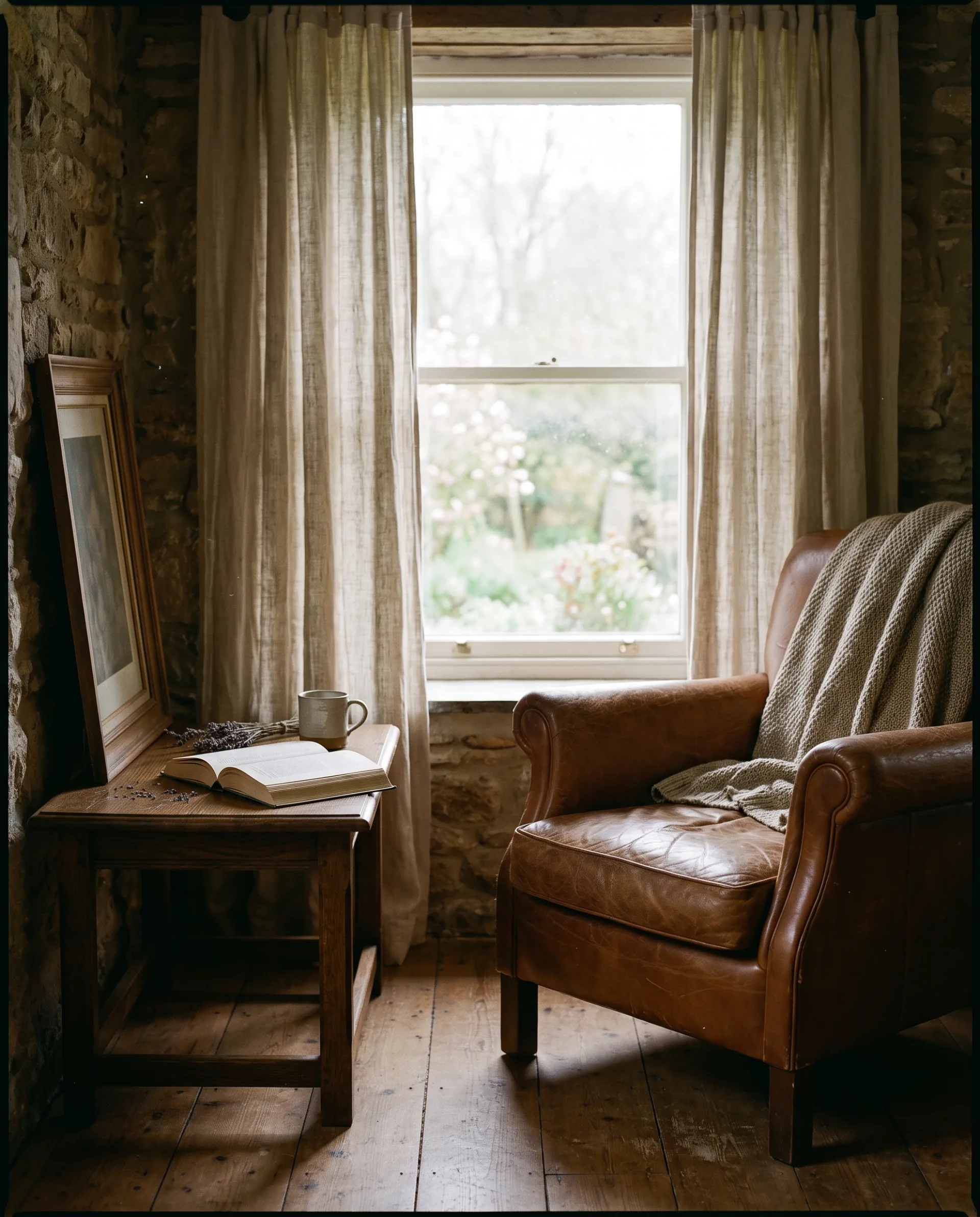 A worn leather armchair with a knit throw by a stone window, an open book on an oak side table, soft daylight and small signs of everyday use.
