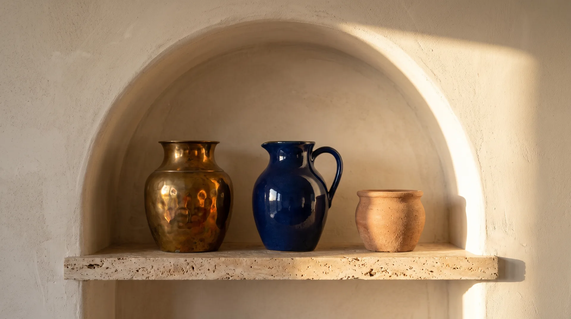 An arched plaster niche with a brass vase, a glossy blue ceramic jug and a matte terracotta pot in low sun, each reflecting light in its own way.