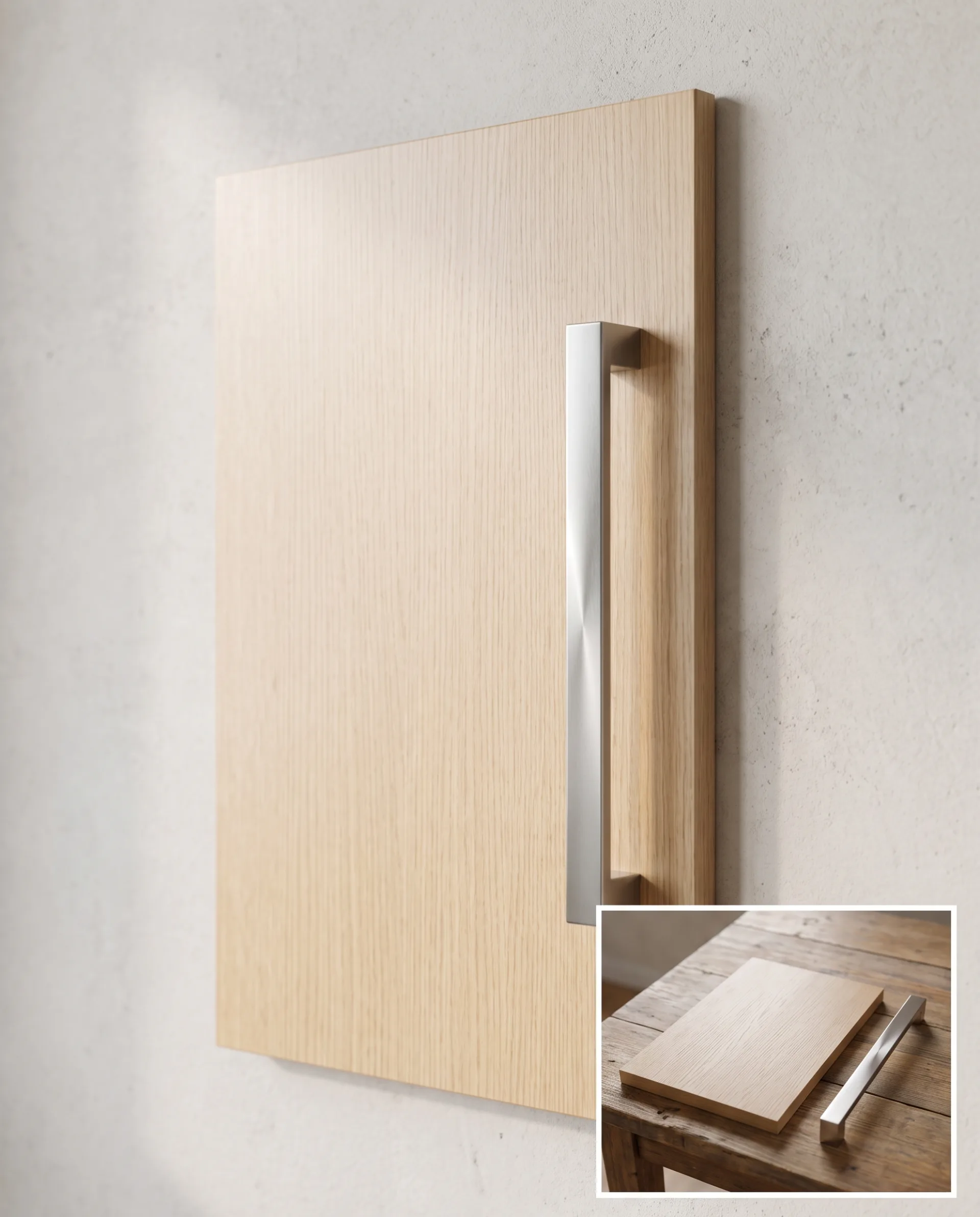A rendered oak veneer cabinet door with a brushed steel handle, with a small inset photo of the real oak and steel samples it was matched to.