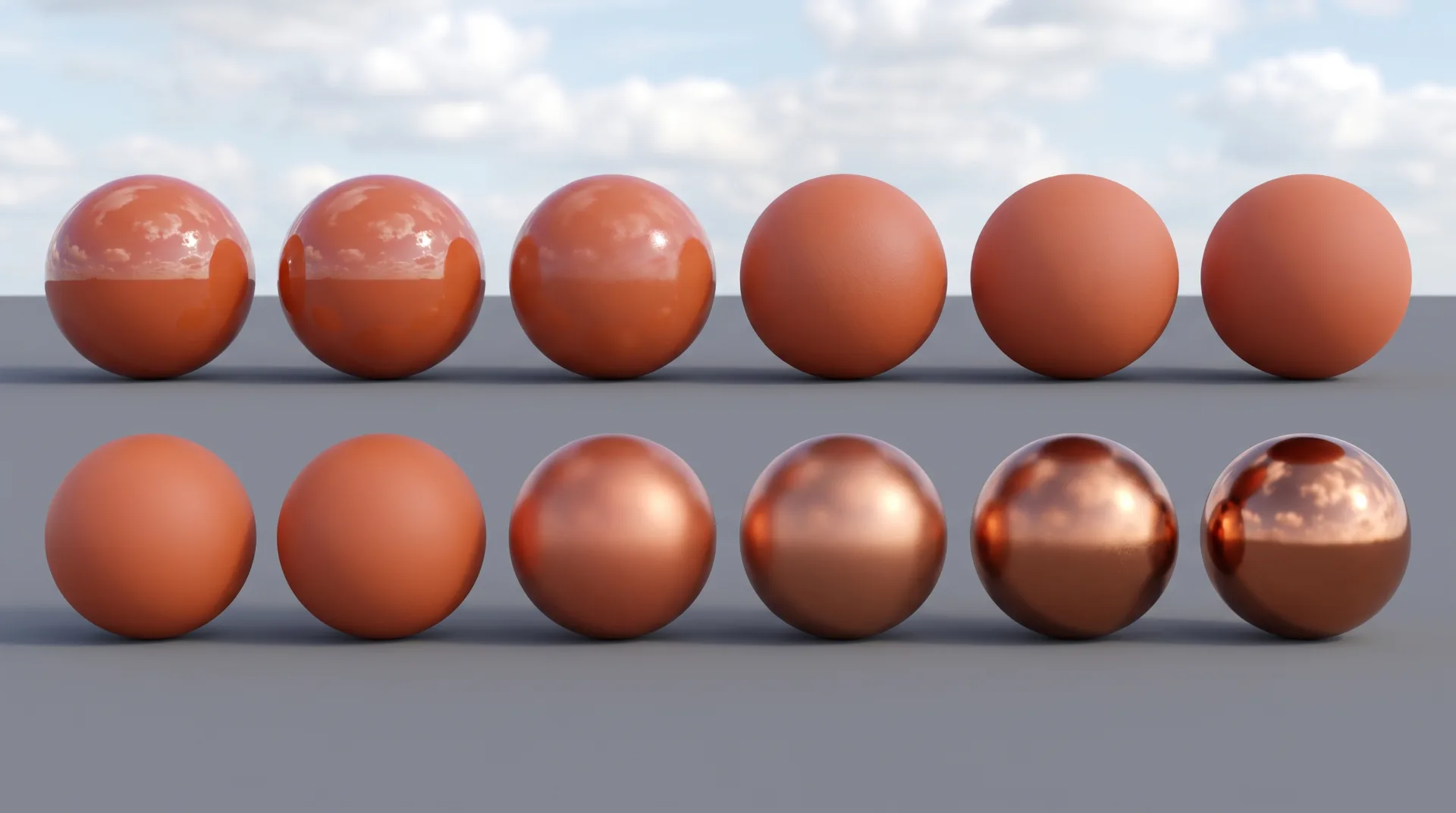 Two rows of spheres under the same sky: the top row goes from glossy to matte, the bottom row from orange non-metal to metallic copper.