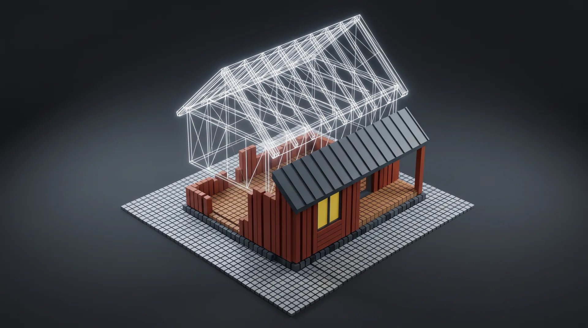 A cabin's triangle mesh hovering over a pixel grid, its lower half already filled in as colored pixel squares.