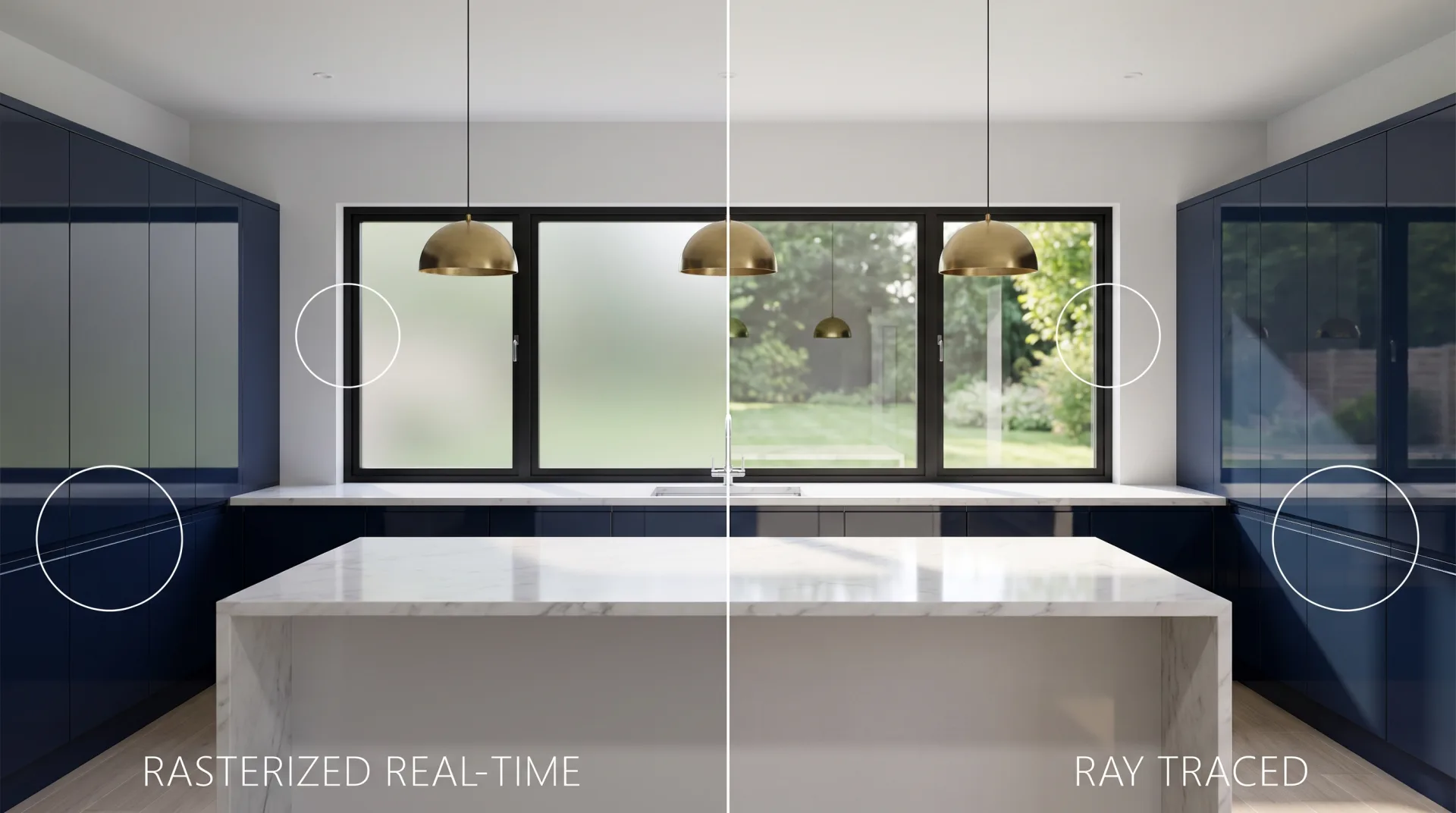 A navy kitchen split in two: on the rasterized left the glossy cabinets and window show only a generic sheen; on the ray-traced right they reflect the island, the brass pendants and the room.