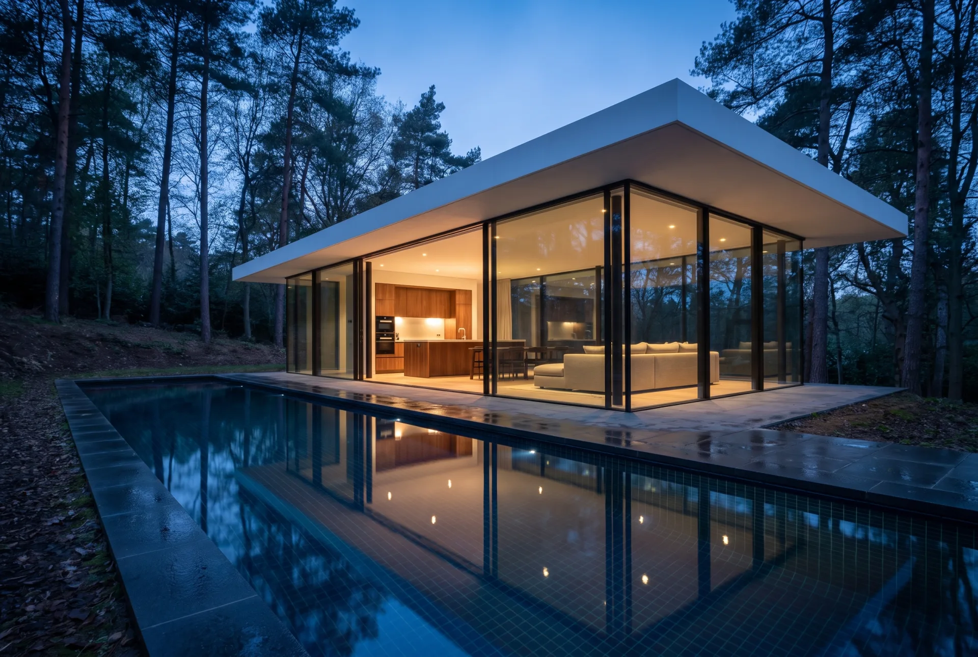 A glass pavilion house at dusk with warm interior lights, mirrored in the still water of a dark-tiled lap pool in front of it.