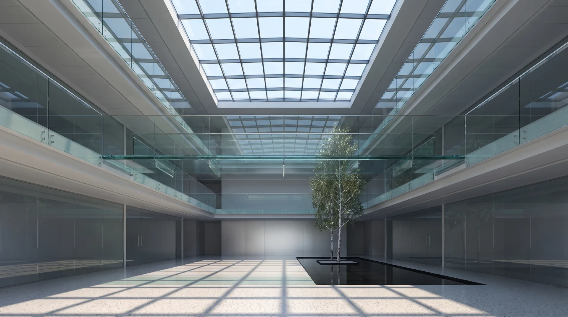 A glass-roofed office atrium with a glass bridge and balustrades, sun casting a grid of shadows on a terrazzo floor and the bridge reflected in a black pool.