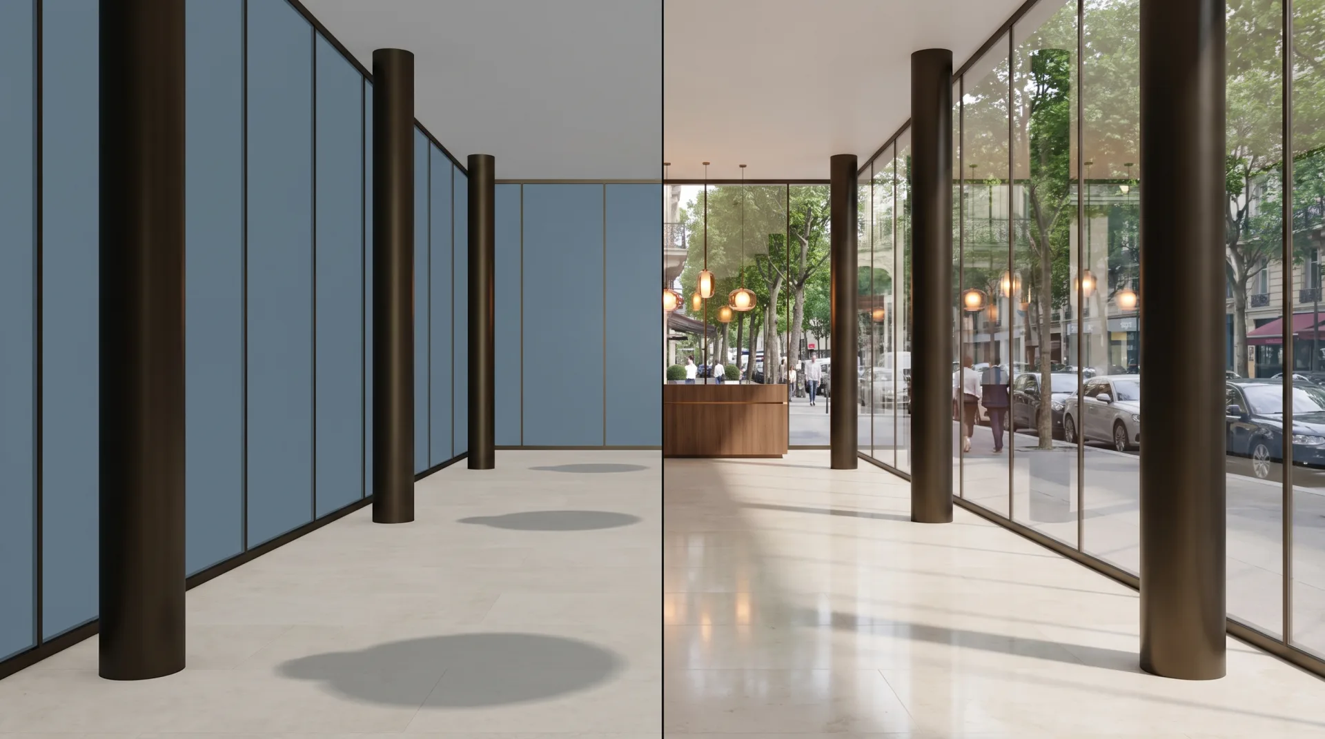 One hotel lobby split in two: on the left the glass wall is a flat tinted panel and the floor is matte; on the right the glass reflects the street and the polished floor mirrors the bronze columns.