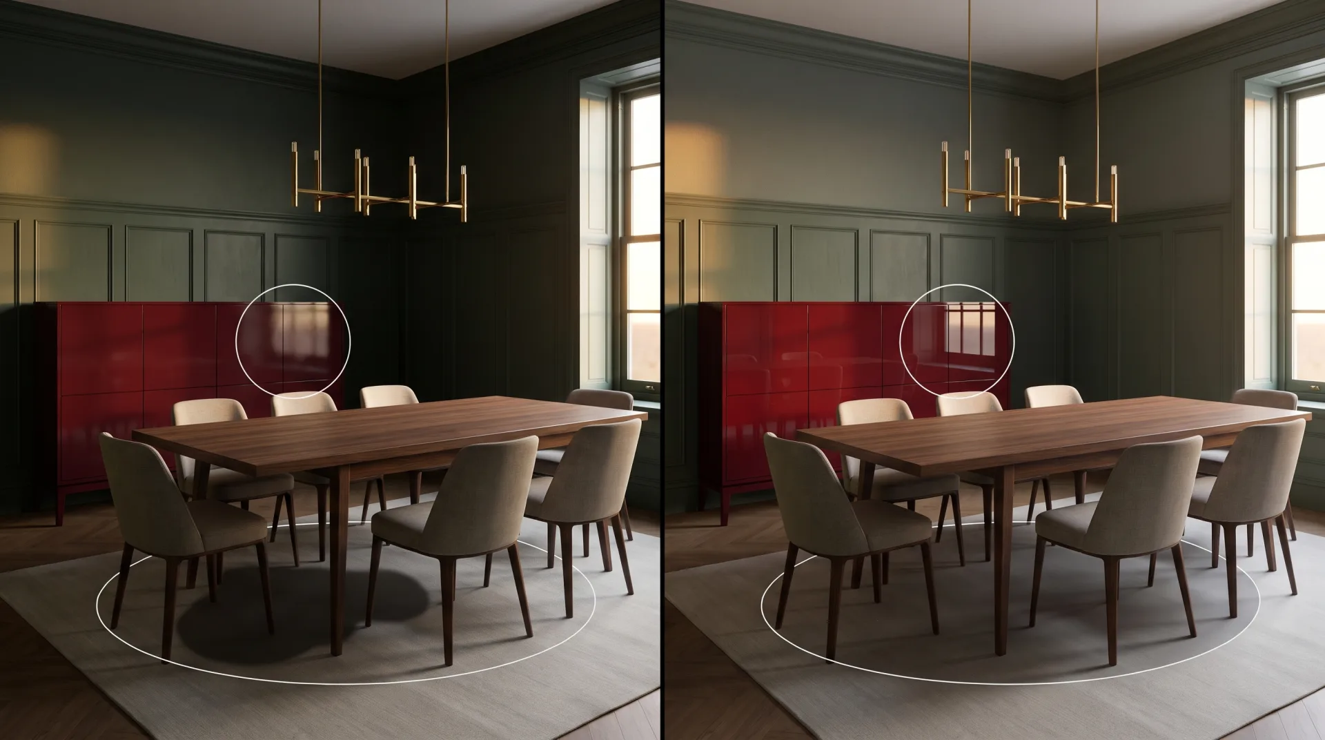 A dining room split in two: the real-time half has flatter light and a generic shadow under the table; the offline half shows a soft graded shadow and the window reflected in the red lacquered sideboard.