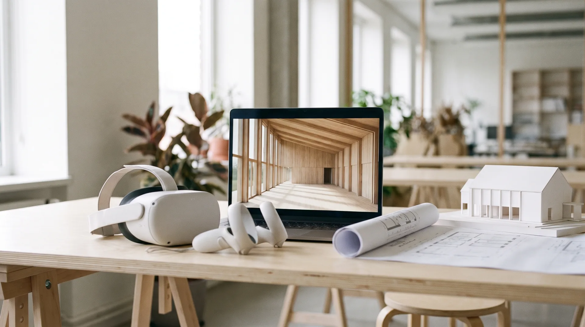 A VR headset and controllers on a studio table beside a laptop showing a real-time view of a timber hall interior and a white massing model of the same building.