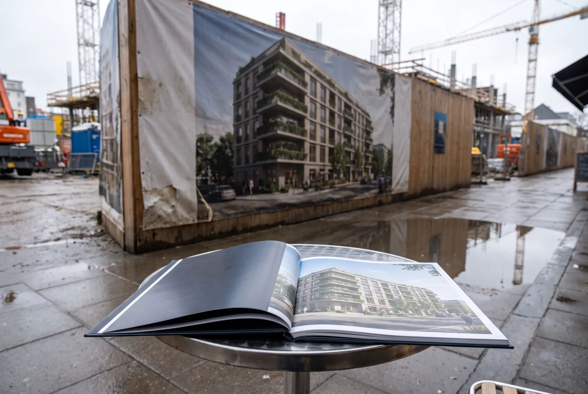 A construction site hoarding printed with a building render, and in the foreground an open sales brochure showing the same render.