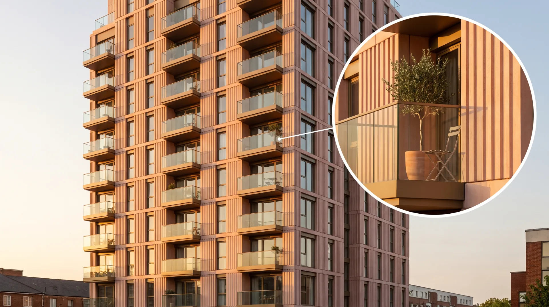A tall terracotta-finned apartment tower at golden hour with a circular inset showing a sharp close-up of one high balcony.