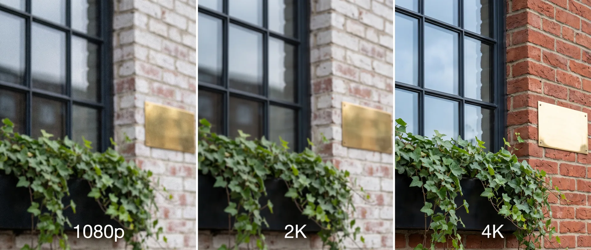 The same window detail cropped from a 1080p, a 2K and a 4K render, shown at equal size: blurry, then softer, then sharp.