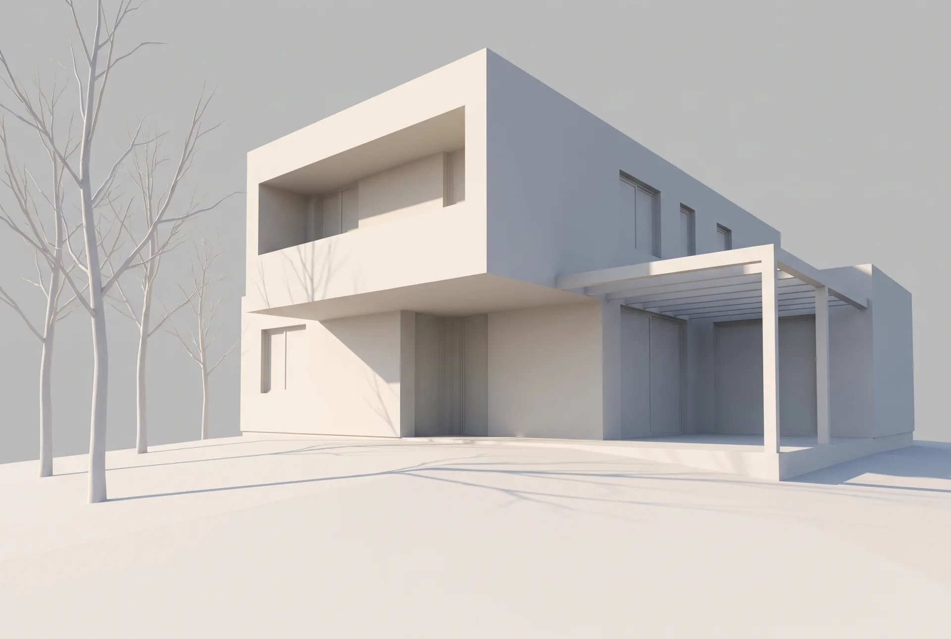 An all-white clay model of a split-level house with a cantilevered upper floor, with long sharp sun shadows from a pergola and trees across its walls.