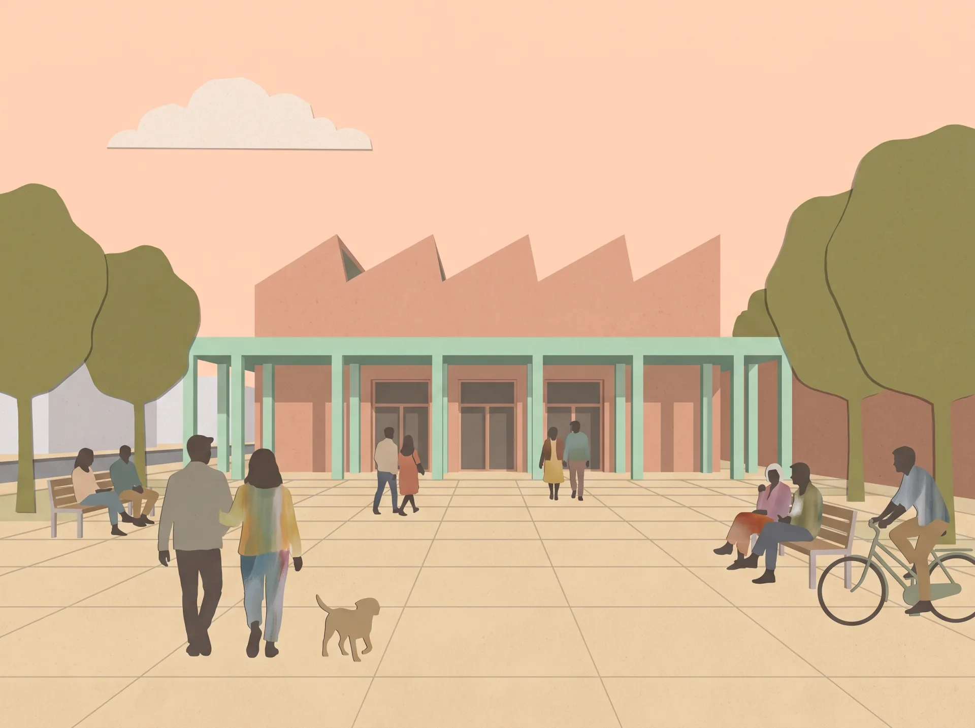 A collage-style image of a plaza before a sawtooth-roofed hall, with flat paper textures, cut-out figures and trees, and a flat peach sky.