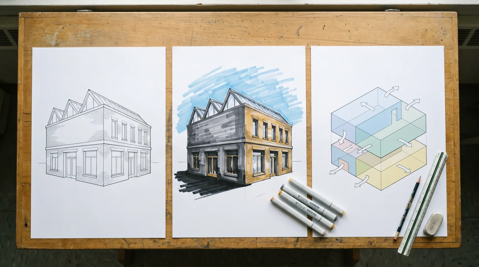 Three presentation sheets of the same small library on a drafting table: a black line drawing, a bold marker rendering and a pastel diagrammatic axonometric.