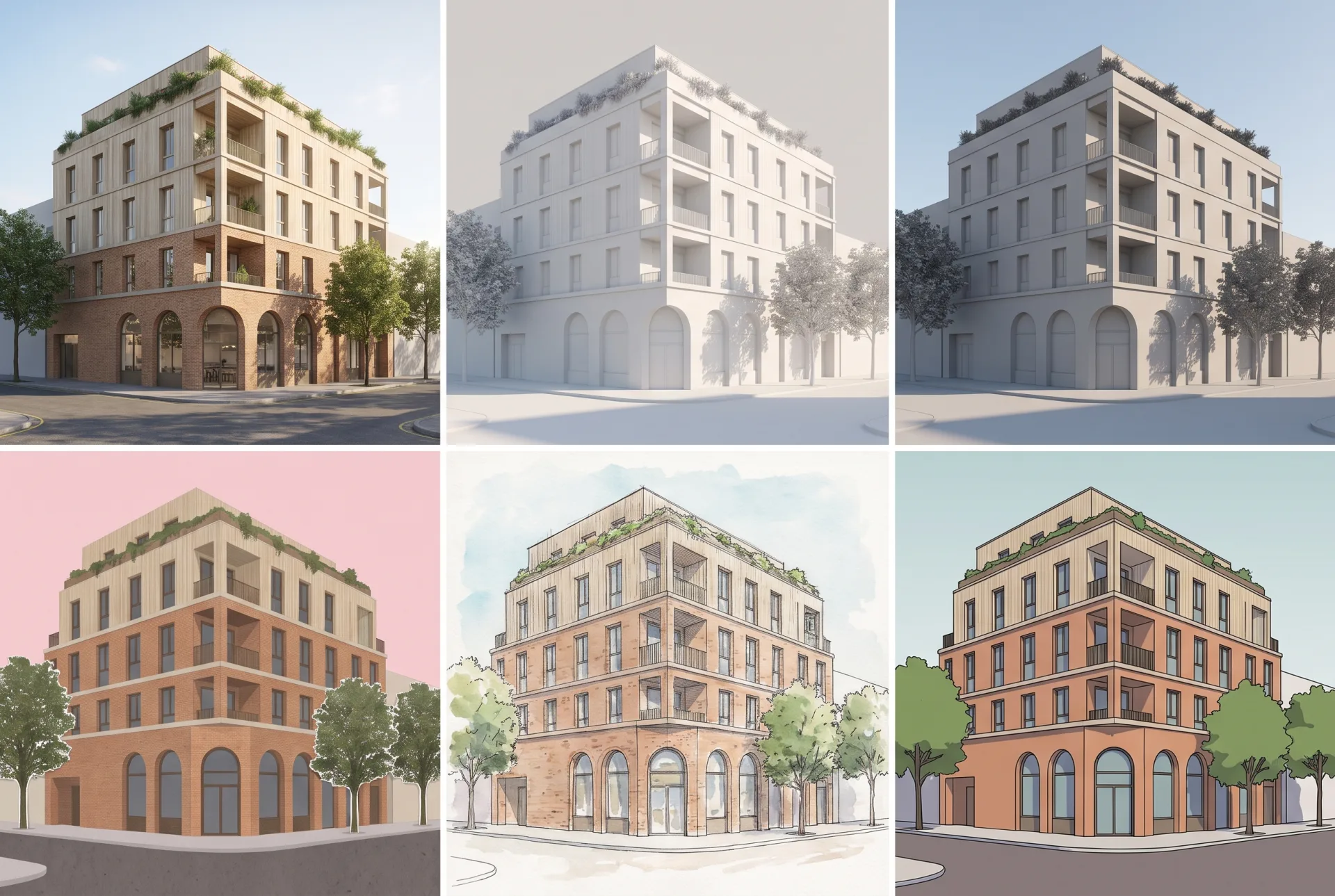 One five-story brick and timber corner building shown in six panels: photoreal, white clay, mid-grey, collage, ink and watercolor, and flat cel-shaded.