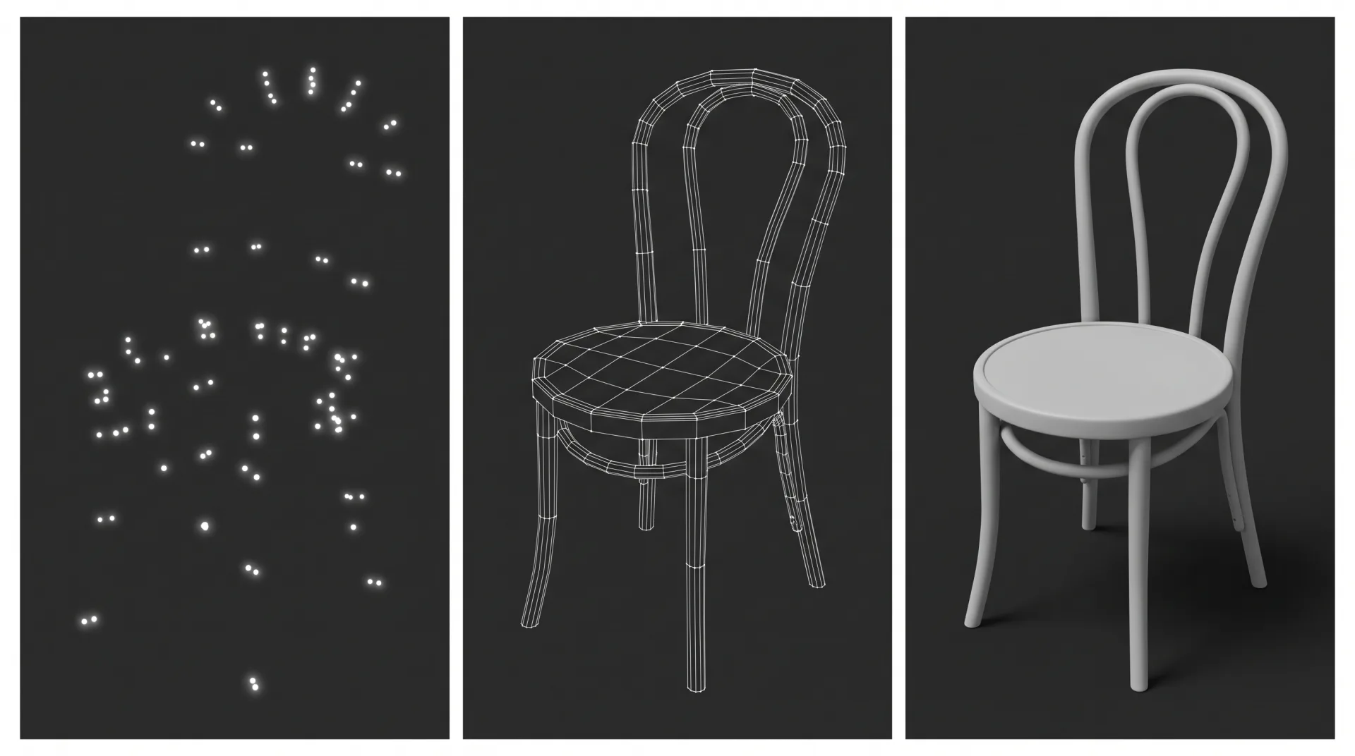 The same bentwood chair three times: as a cloud of points, as a white wireframe of polygons, and as a smooth grey shaded surface.