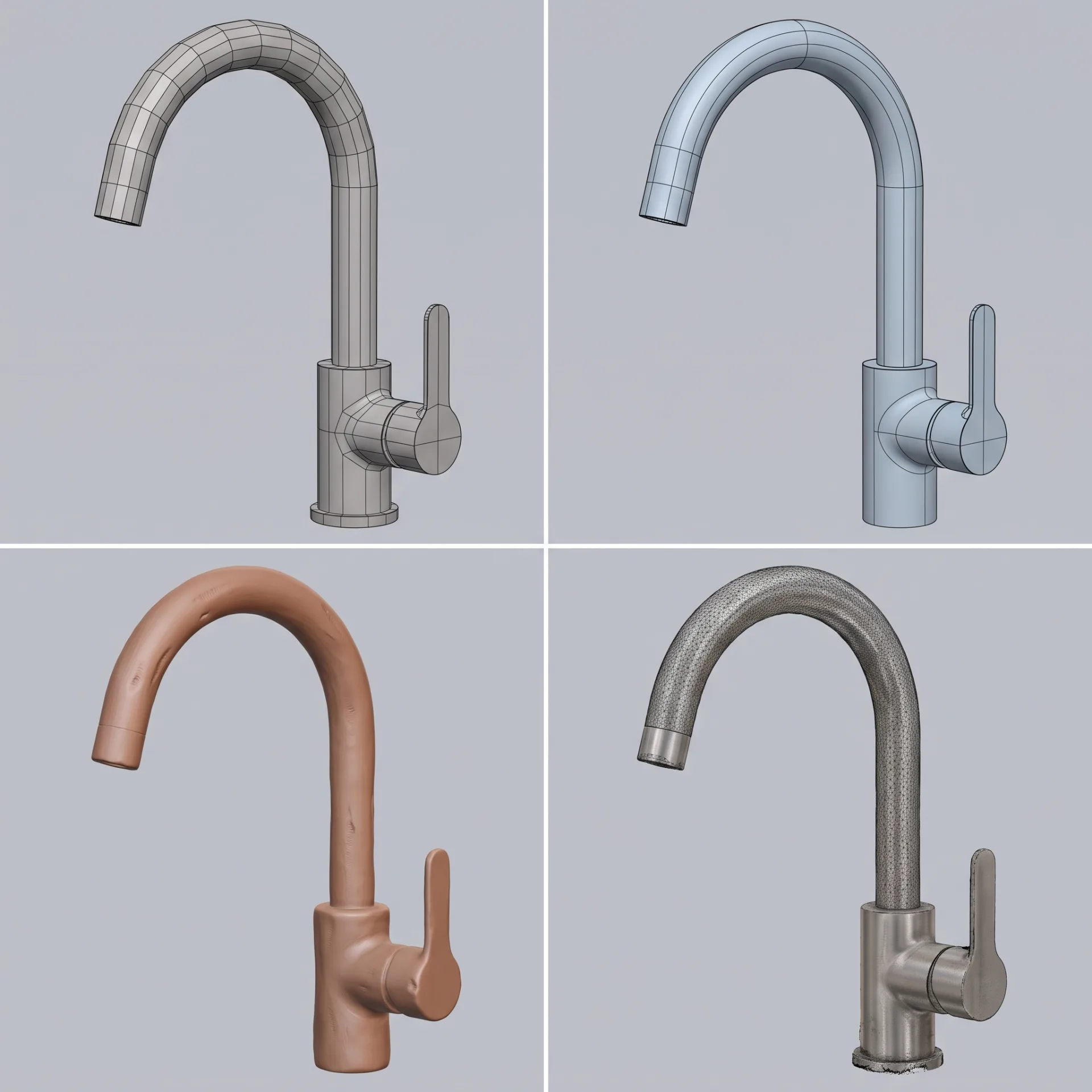 One kitchen faucet modeled four ways in a grid: a faceted polygon model, a smooth NURBS surface, a clay-like sculpt and a textured photogrammetry scan.