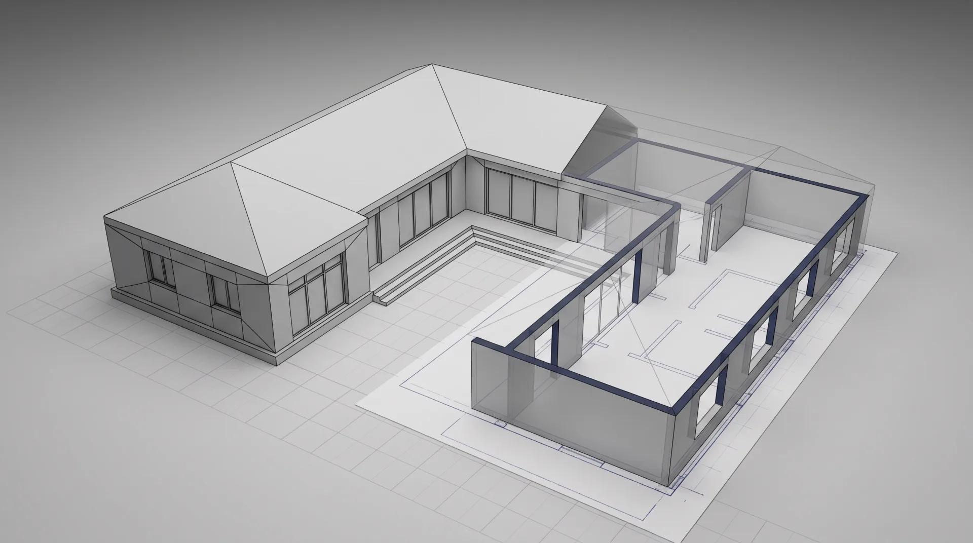 A courtyard house being modeled: half built as grey geometry with visible edges, half still a flat plan outline with walls rising from a grid.