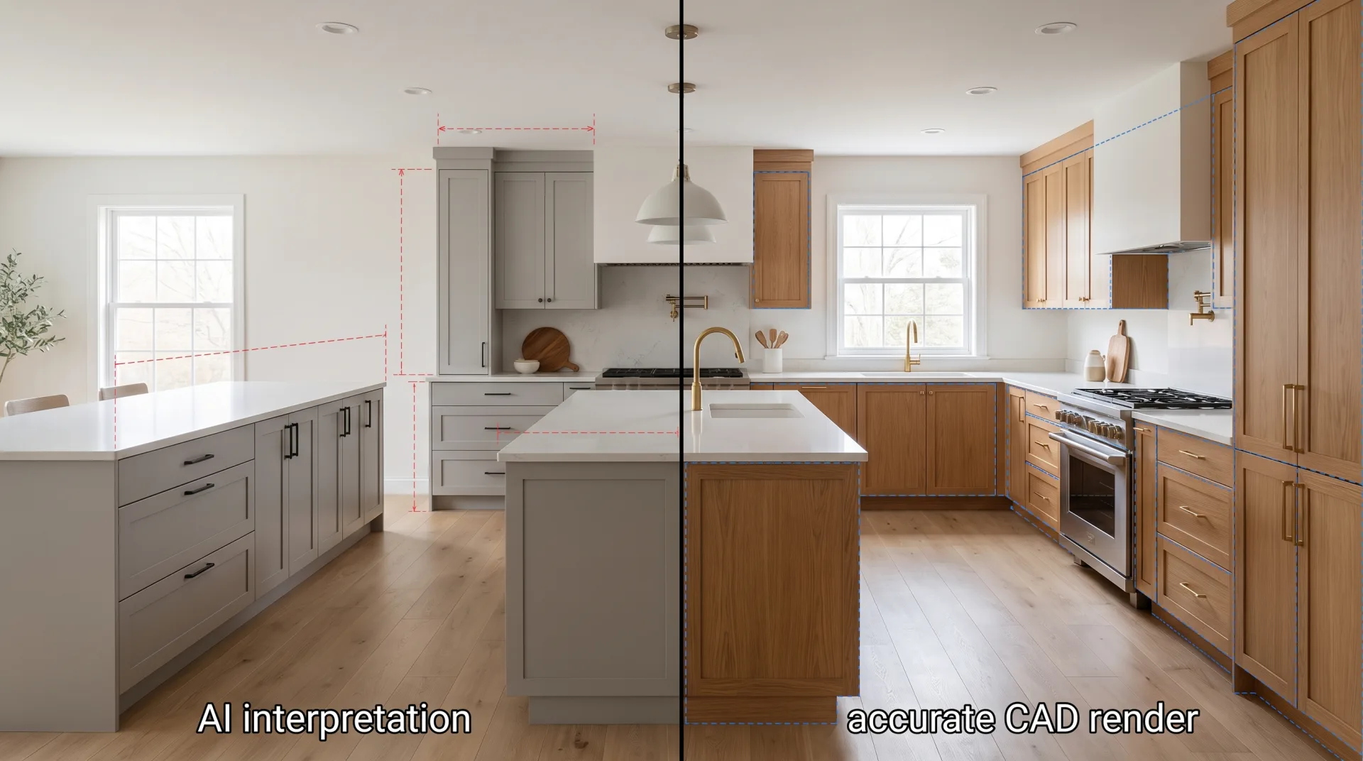 A kitchen shown twice side by side: an AI-generated version whose island and window drift from the overlaid dimension lines, and a render from the CAD model whose geometry matches them exactly.