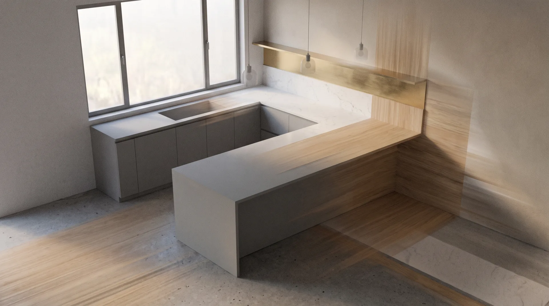 A short looping animation of a kitchen being built up step by step: grey shapes, then materials, then lights, then a camera move, then the finished image.