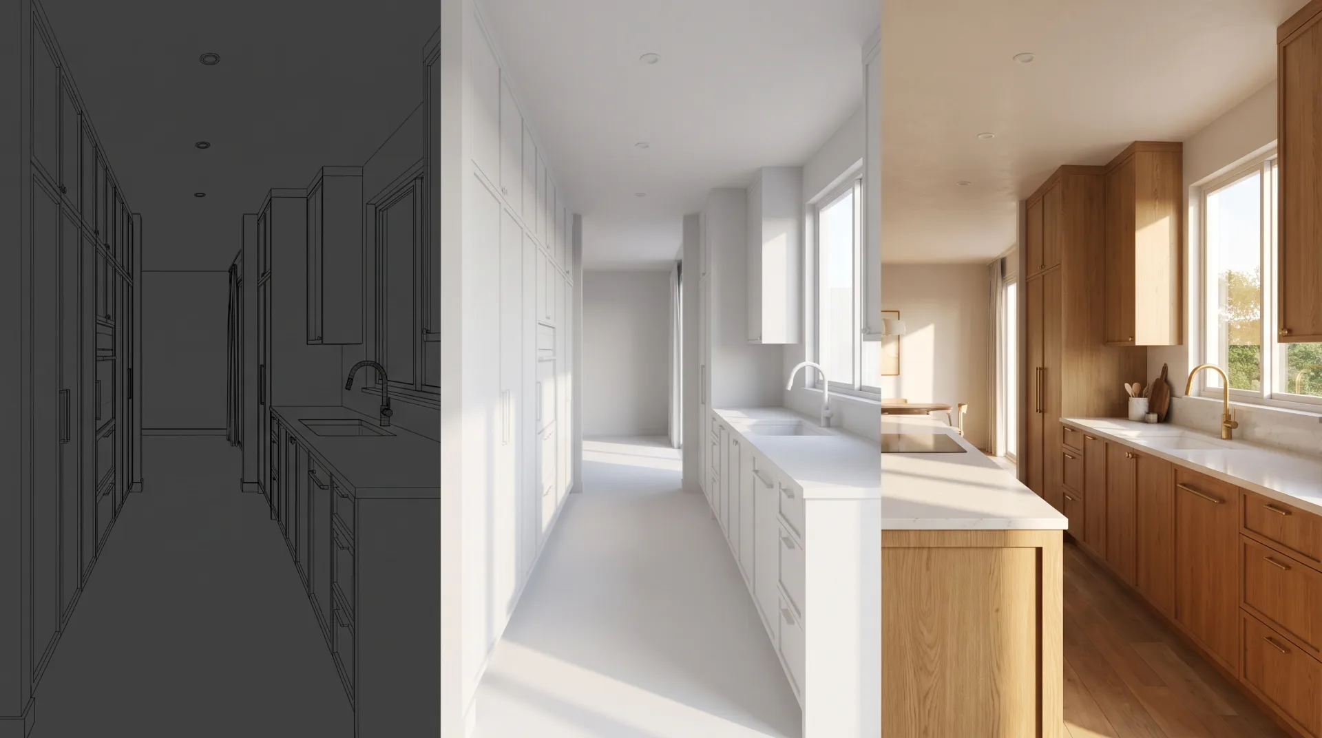 The same kitchen shown three times side by side: as a grey wireframe, as a plain white clay model with shadows, and as a finished photoreal render with oak cabinets and a quartz island.
