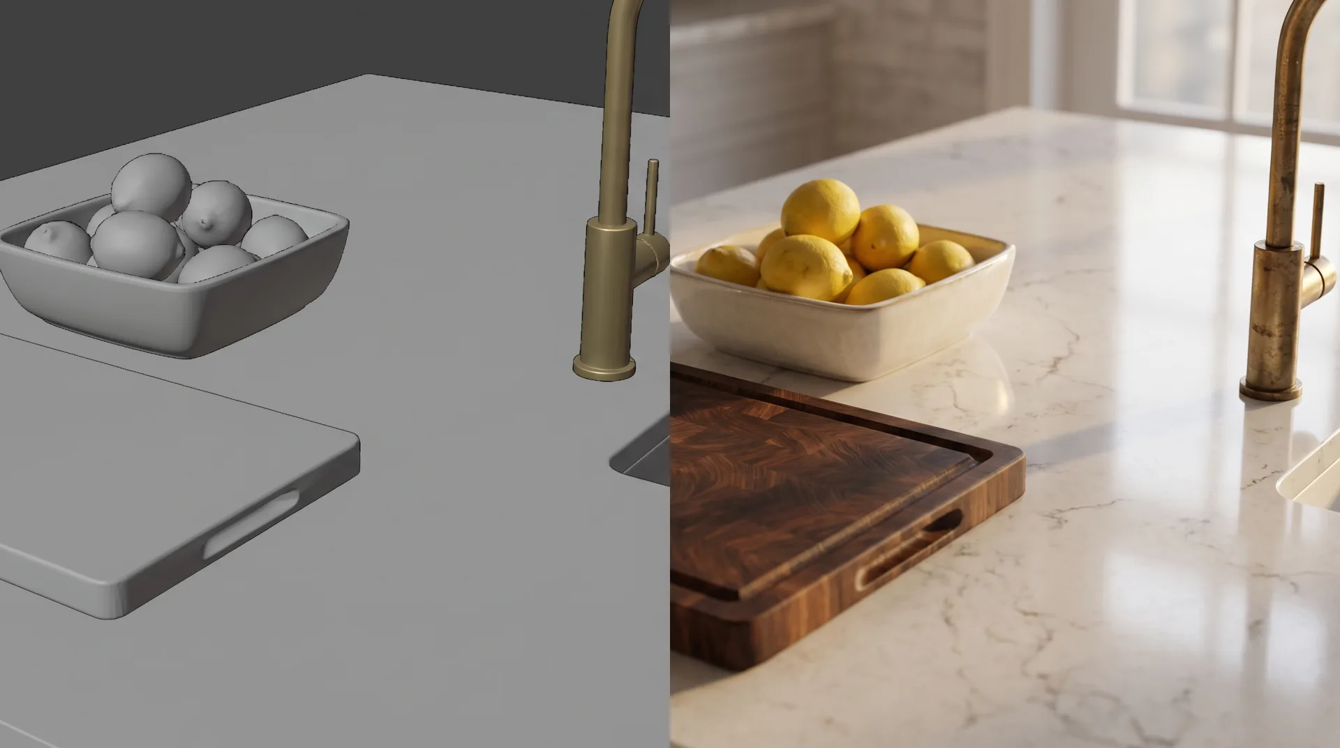 A kitchen worktop with a bowl of lemons, half in flat grey default materials and half finished with veined quartz, oiled wood, brass and soft window light.