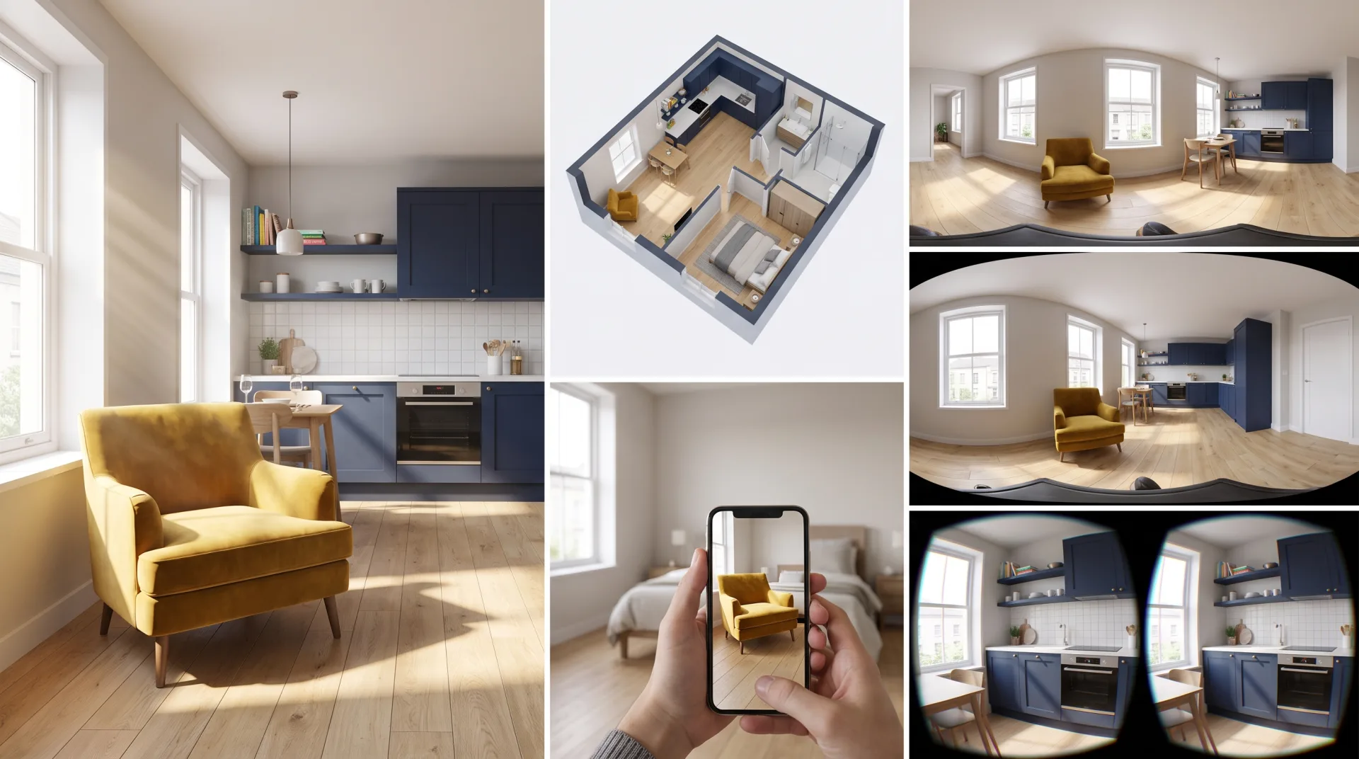 One apartment shown five ways: a photoreal still, a 3D floor plan, a 360 panorama frame, an AR armchair on a phone and a VR headset view.