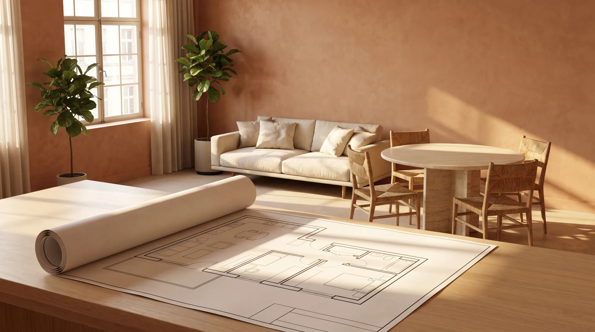 A printed apartment floor plan on a table with its living room rising out of the paper as a furnished photoreal 3D room.