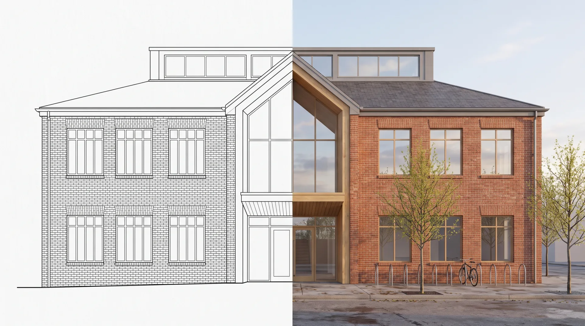 A brick library shown as a black-line elevation drawing on the left and as a matching photoreal rendering on the right, with the windows and roofline lining up across the split.