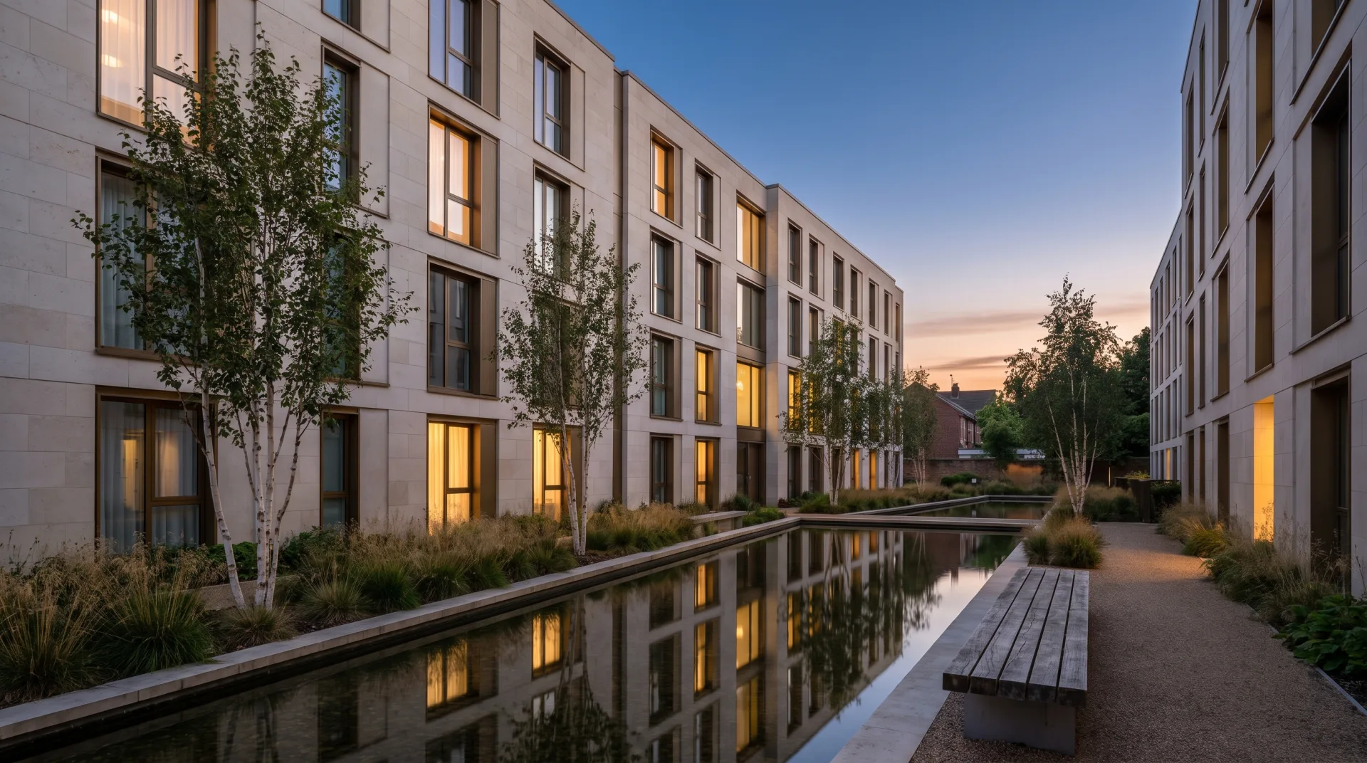 A photoreal dusk rendering of a limestone apartment building around a courtyard with a long reflecting pool, birch trees and warm lit windows.