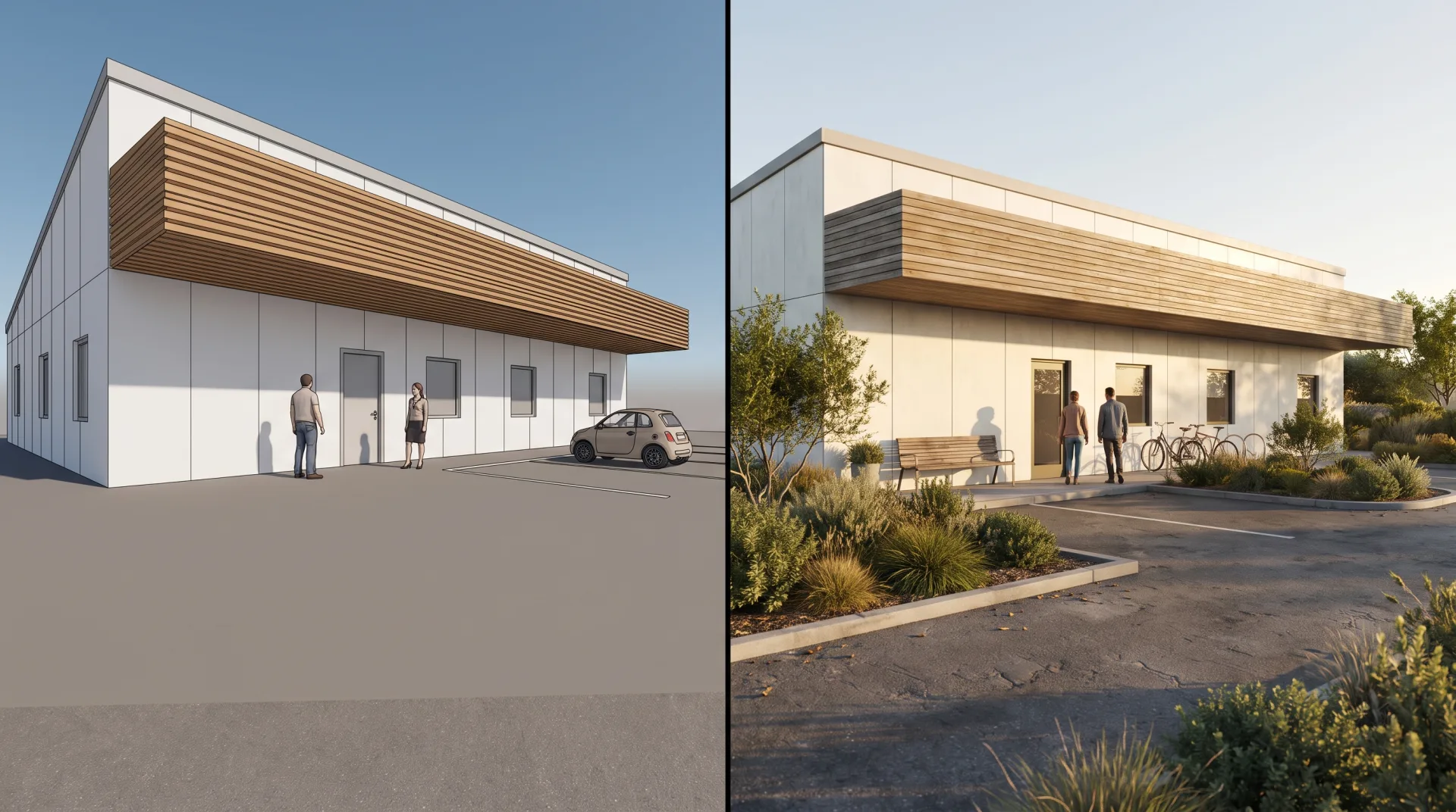 A clinic shown twice: on the left from too high with leaning walls, flat light and wrongly scaled people; on the right from eye level with straight walls, warm low sun, planting and people at the right size.