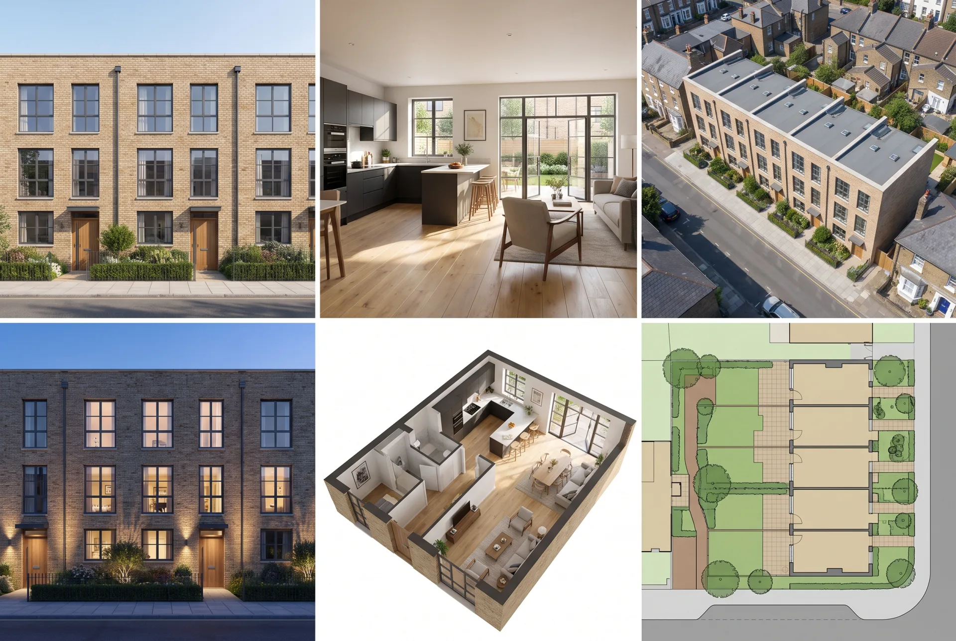 Six images of one townhouse terrace: a street exterior, a kitchen interior, an aerial, a dusk exterior, a 3D floor plan and a colored site plan.