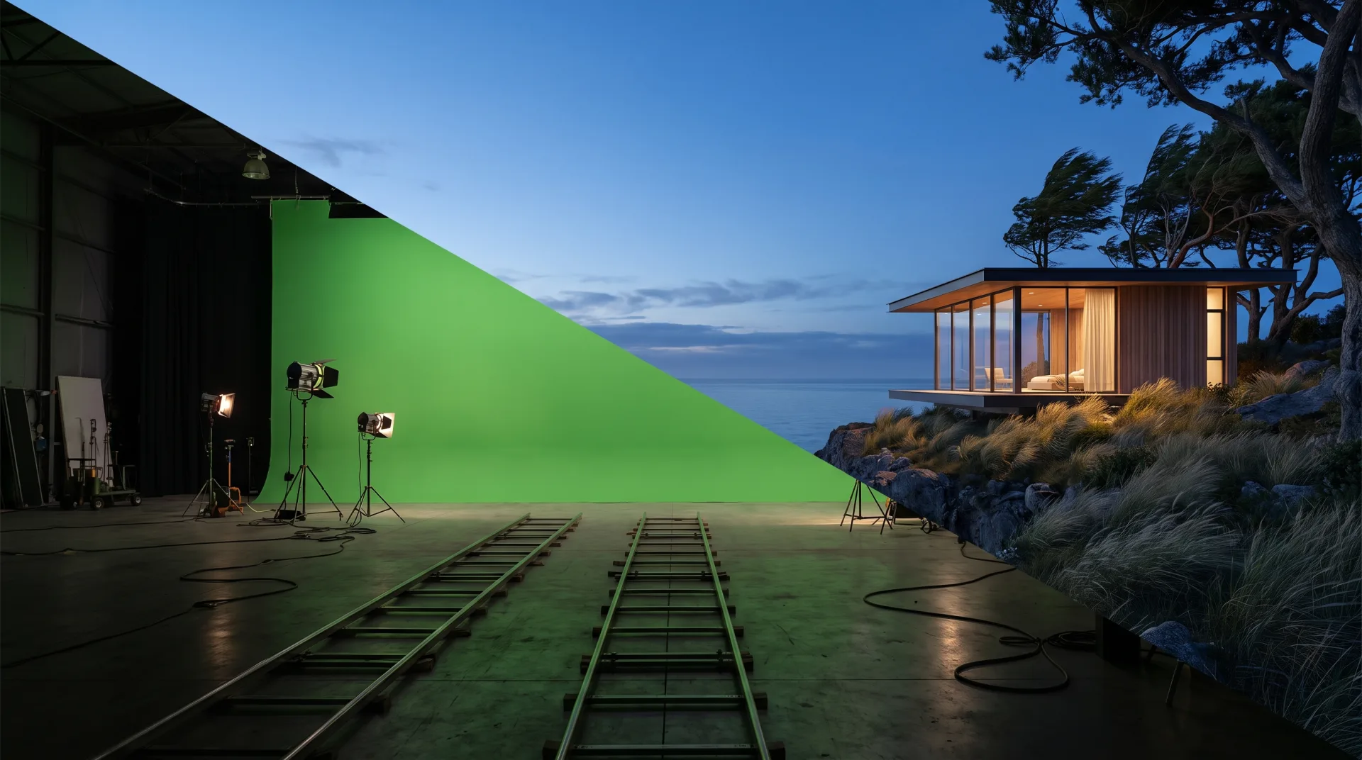 An image split diagonally between an empty green-screen film stage and a photoreal computer-generated cliff-top pavilion above the sea at dusk.