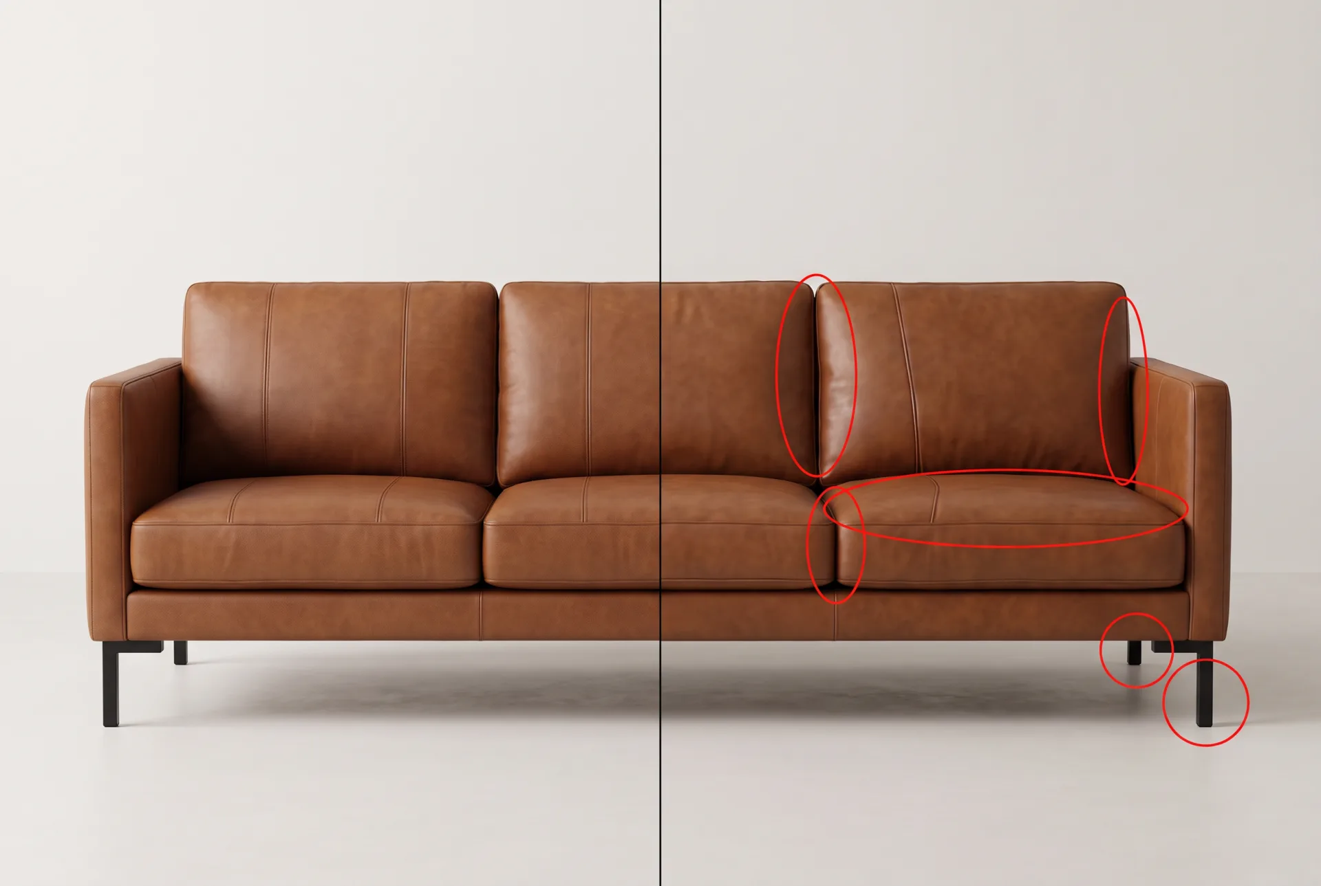 The same leather sofa twice: a CGI render built to the manufacturer's dimensions on the left, and an AI-generated version on the right with red circles where it invents seams and an extra leg.