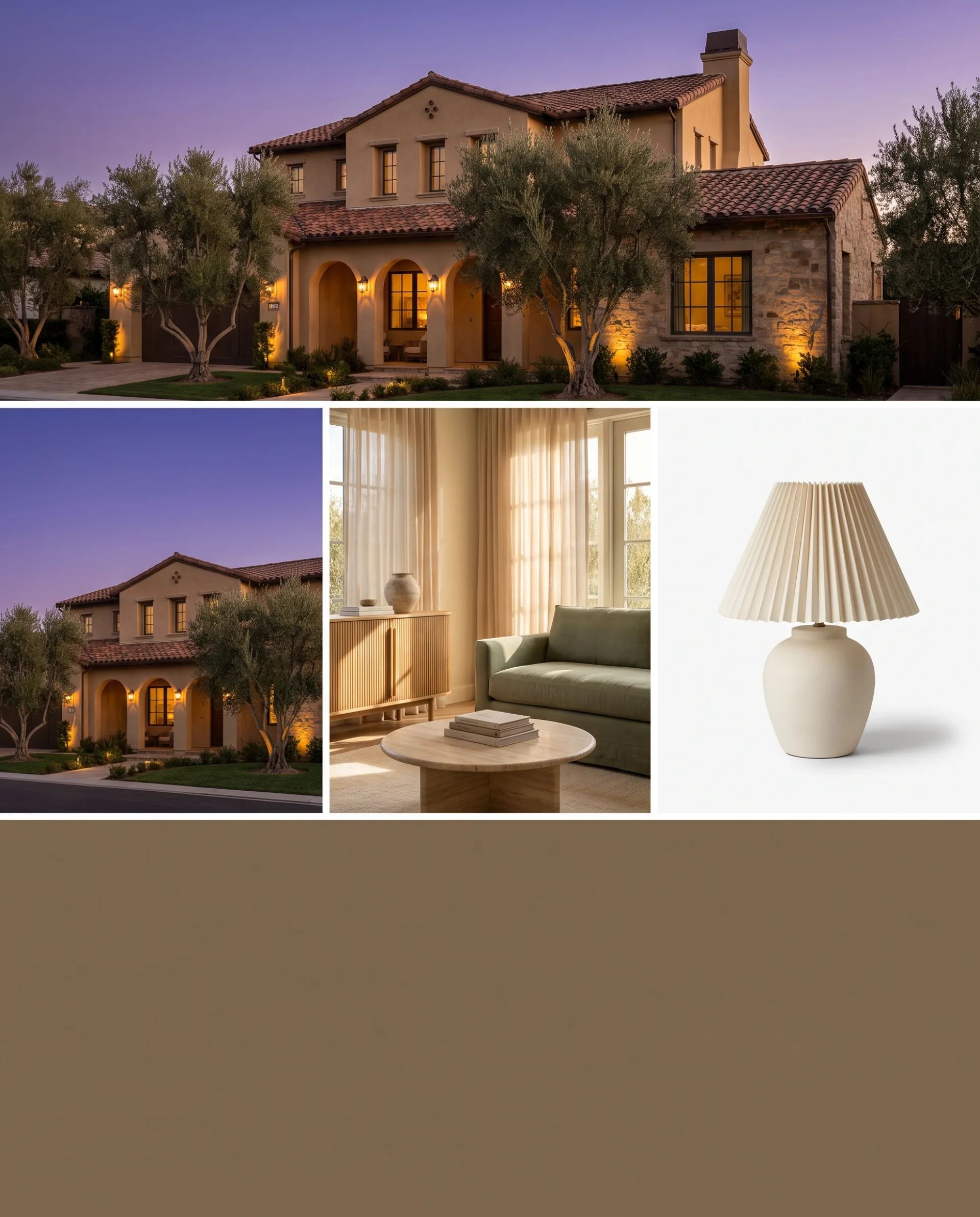 Three CGI images side by side: a Mediterranean house at dusk, a furnished living room and a ceramic table lamp on a white background.