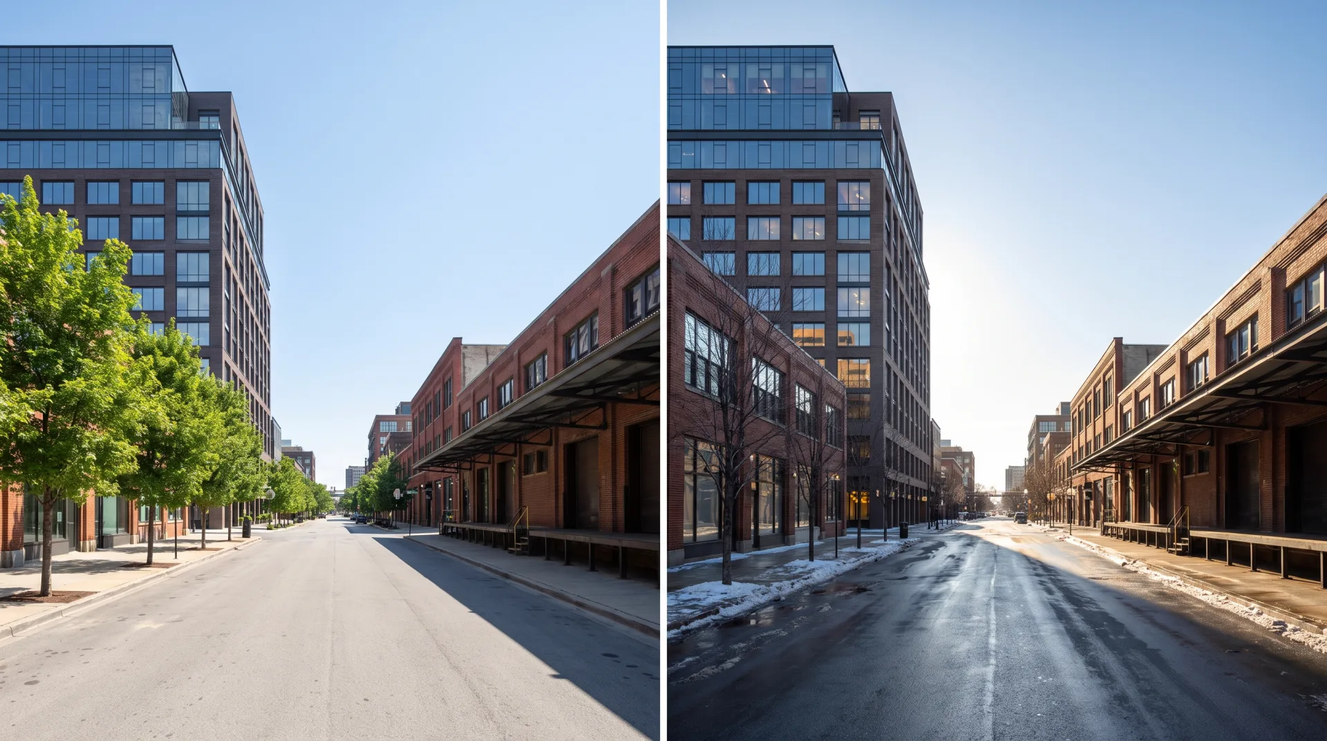 The same Fulton Market street at noon in June with short shadows and at 3 pm in December with long shadows across the roadway.