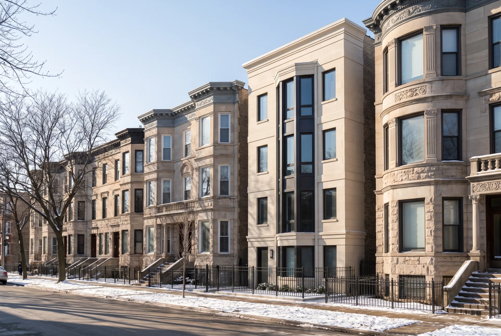 A row of Chicago greystone two-flats in winter sun with a new four-story limestone-colored infill building between them that matches their bays and cornice line.