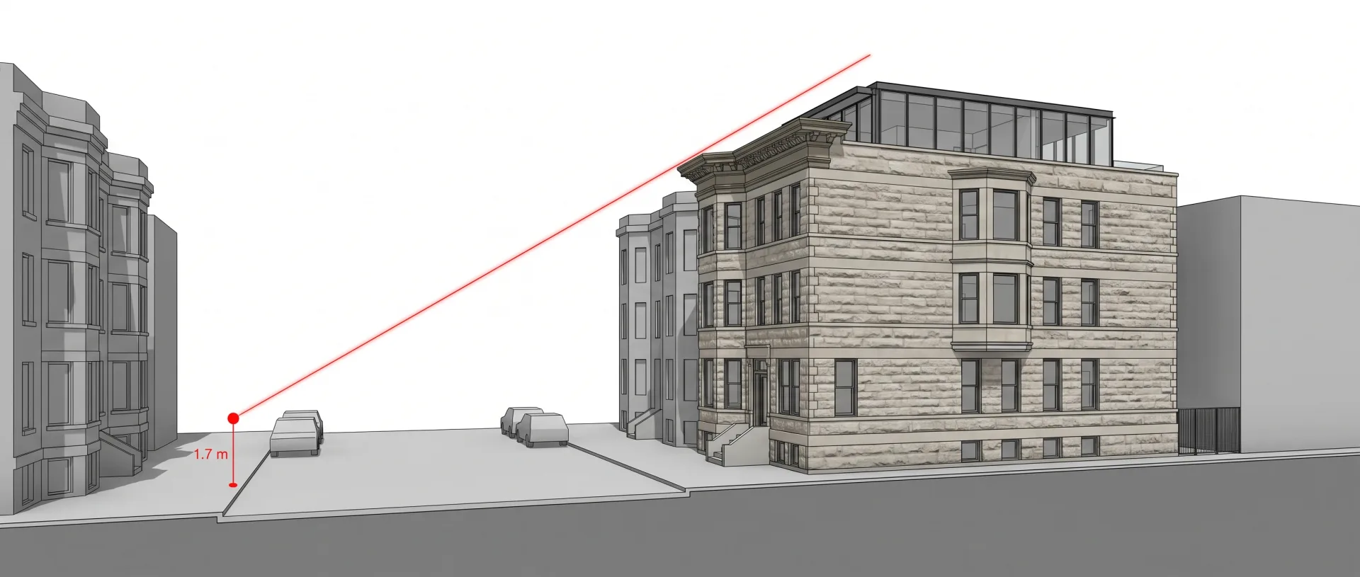 A section view across a Chicago street: a sight line from a pedestrian's eye on the opposite sidewalk passes over a greystone's front cornice and above a set-back rooftop addition, which stays out of view.