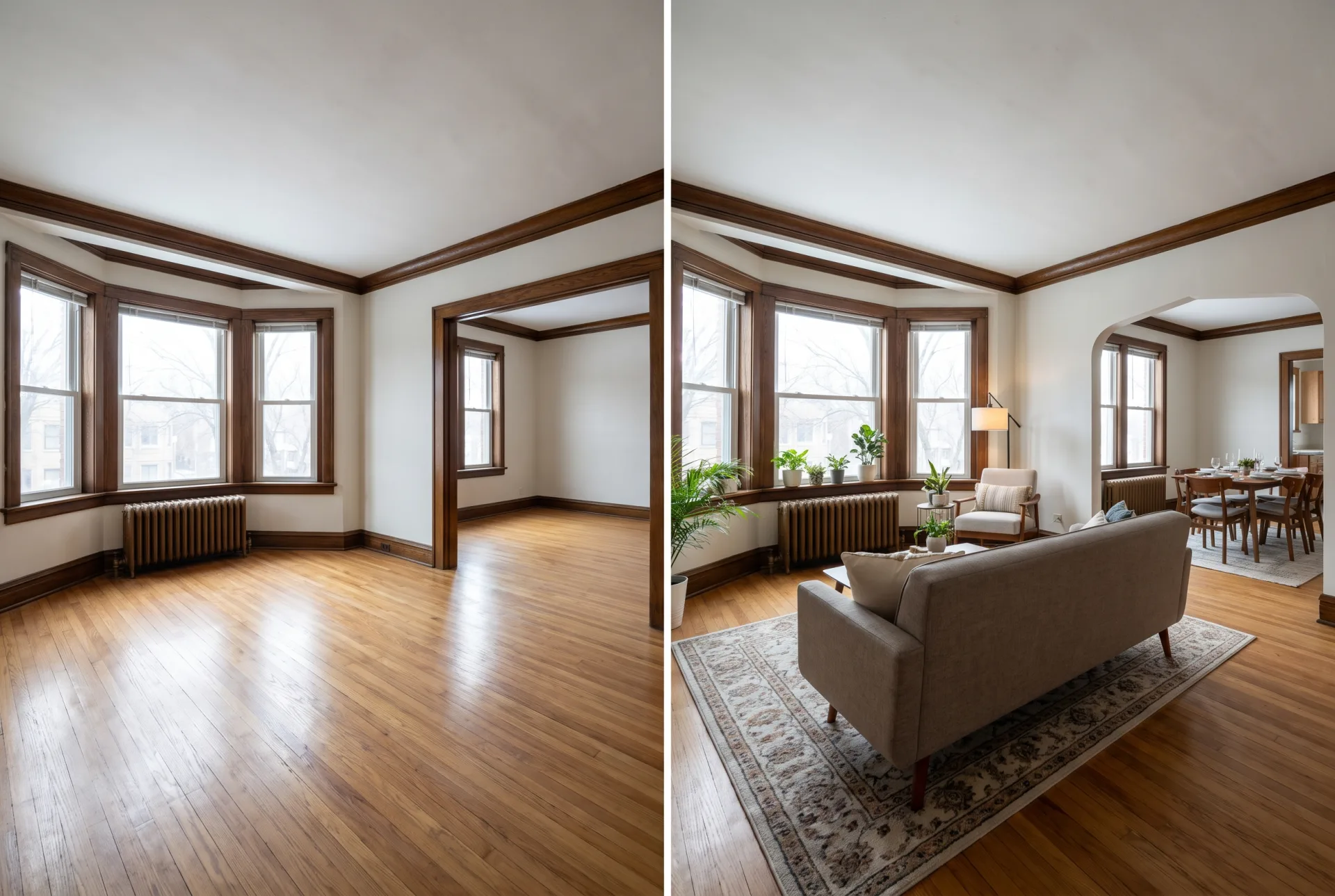 A vintage two-flat living room with a front bay window shown empty on the left and virtually staged on the right, with a dining room visible through a cased opening.