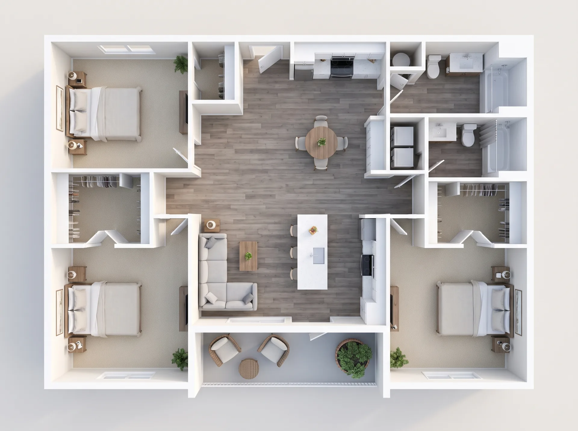 A straight-down 3D floor plan of a furnished two-bedroom, two-bath apartment with bedrooms at each end, open living space between them and a covered patio.
