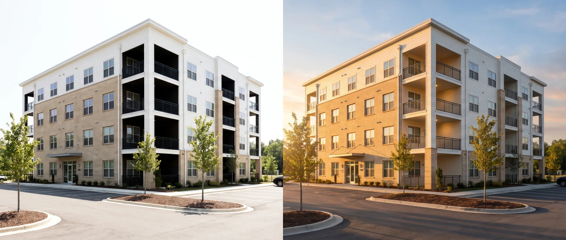 The same suburban apartment building at noon, flat and washed out, and in late-afternoon sun, with light in the balconies and long tree shadows.
