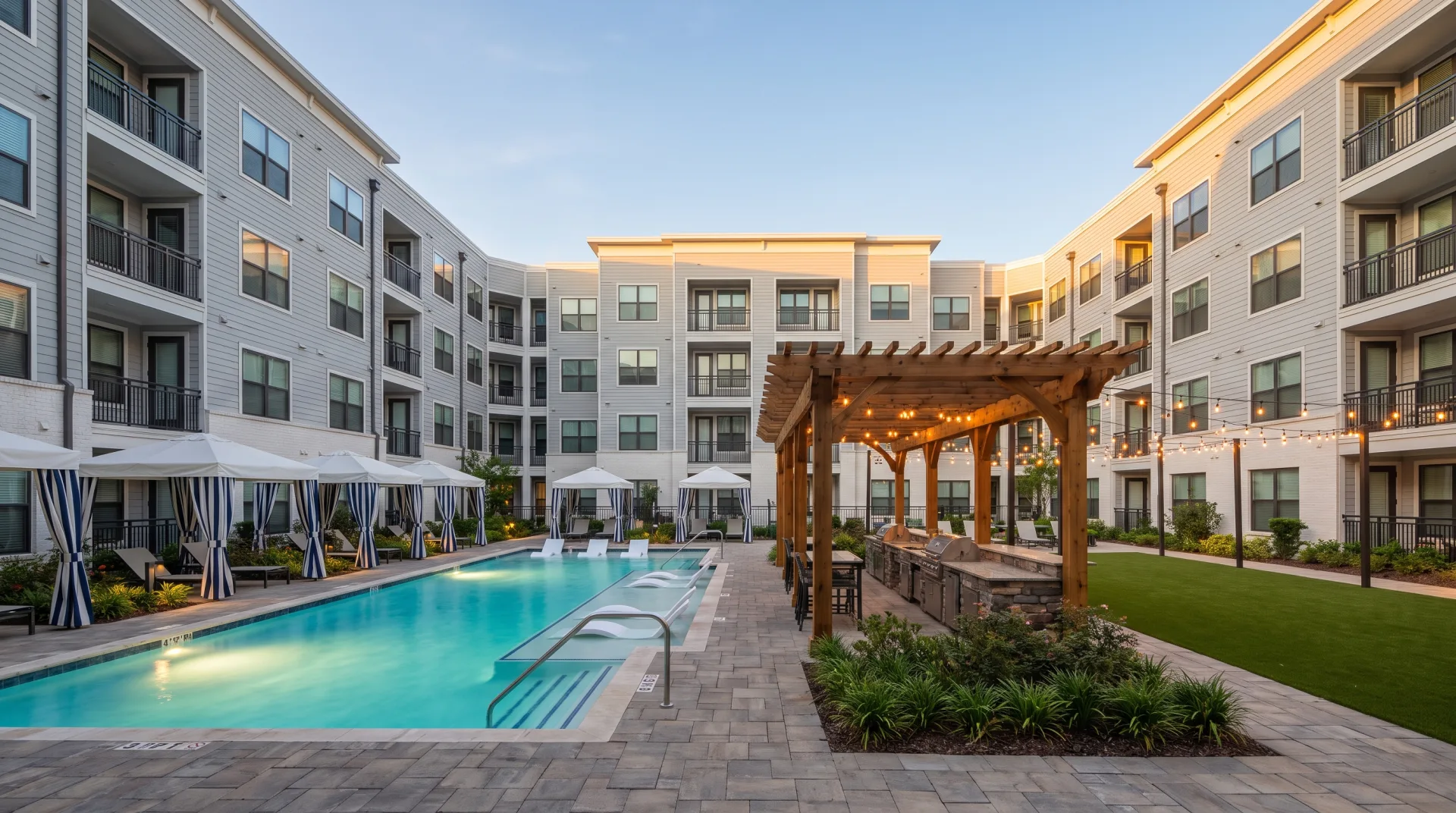 The pool courtyard of a new garden-style apartment community at early evening, with cabanas, a pergola grilling area and lit string lights.