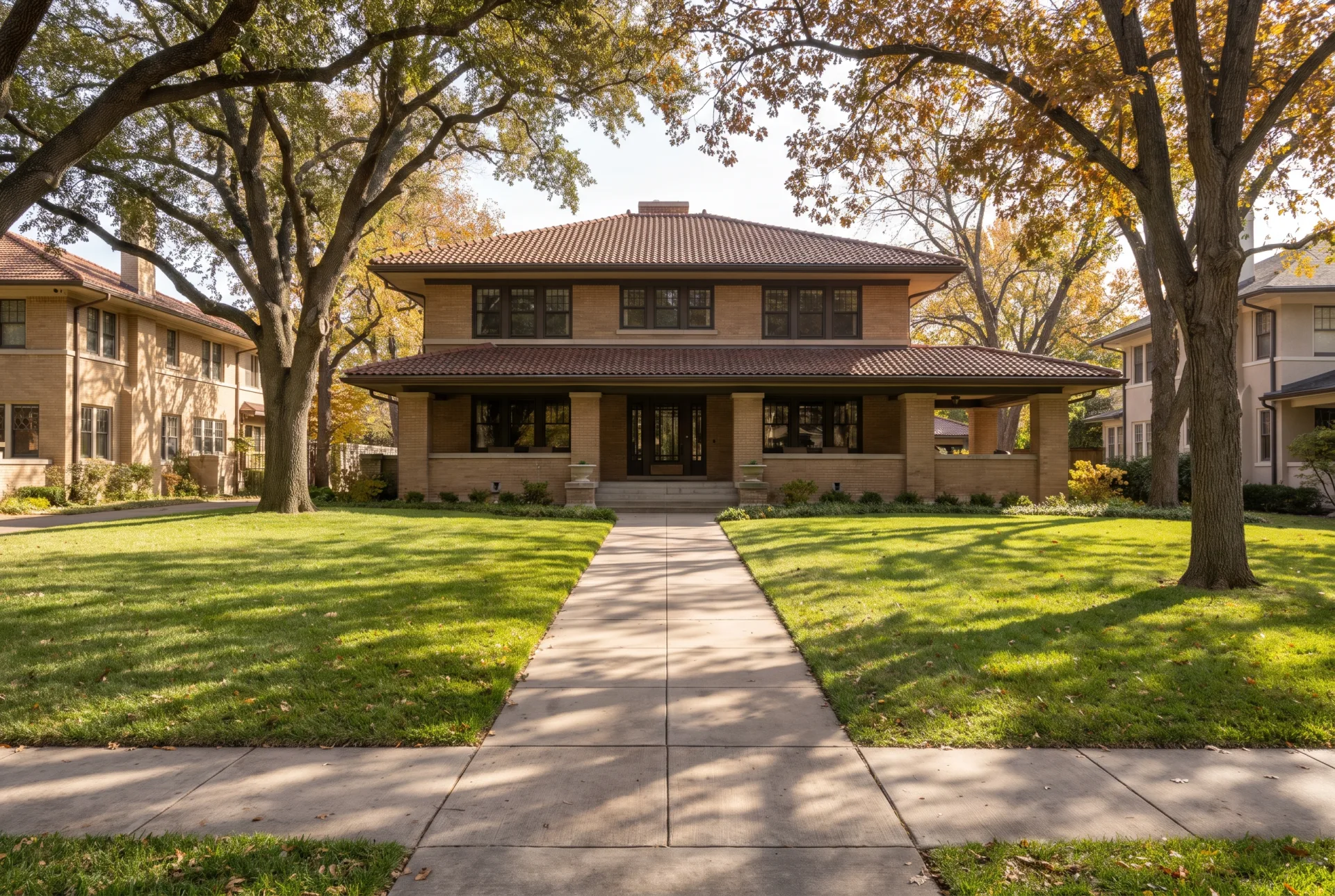 A two-story tan brick Prairie-style house with broad eaves and a wide veranda, set back behind a deep lawn on a tree-lined boulevard.
