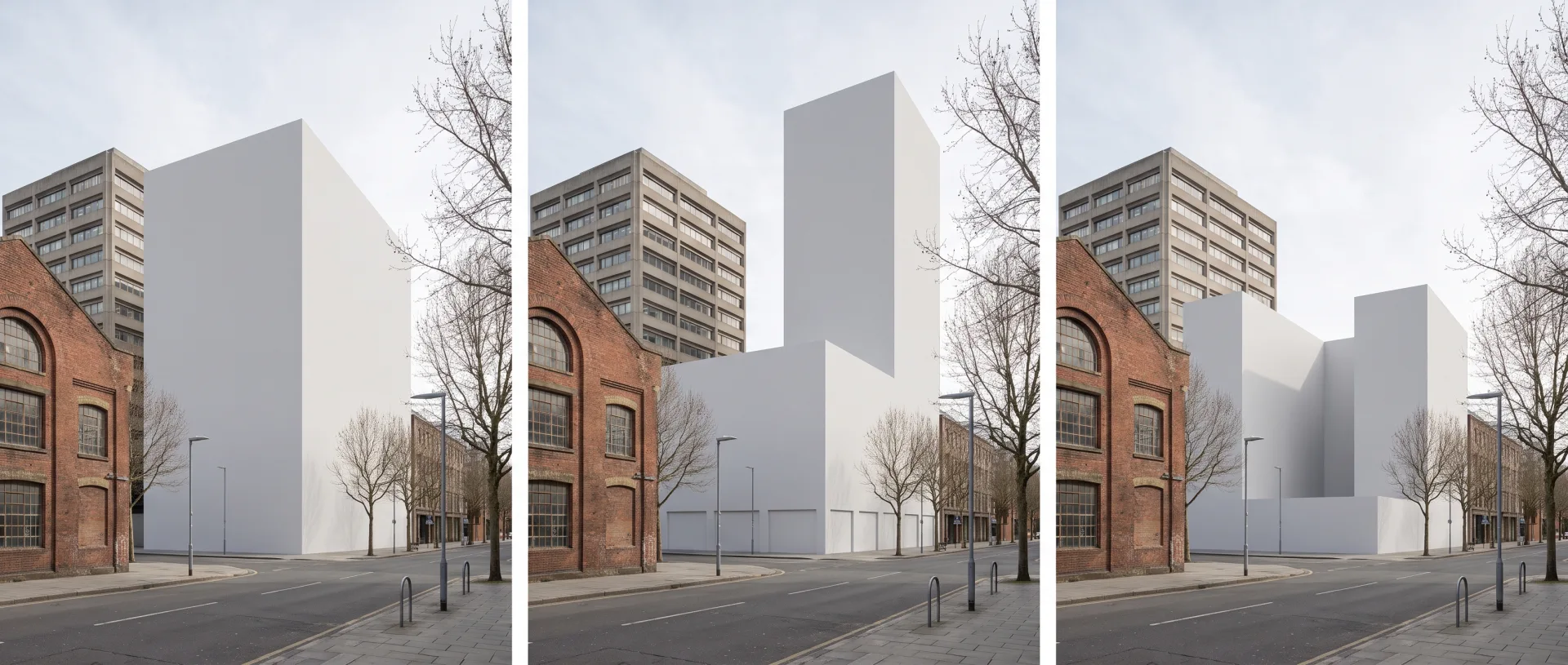 Three white massing models for the same downtown site from one street-corner view: a long slab, a podium with a corner tower, and a U-shaped block around a courtyard.