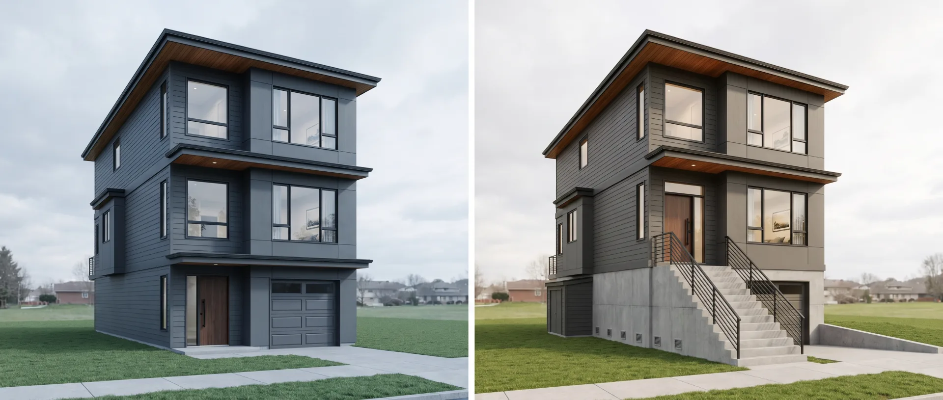 The same townhouse twice: on the left at sidewalk level with a flush front door, on the right raised on a stem wall with flood vents and a six-step stair to the door.
